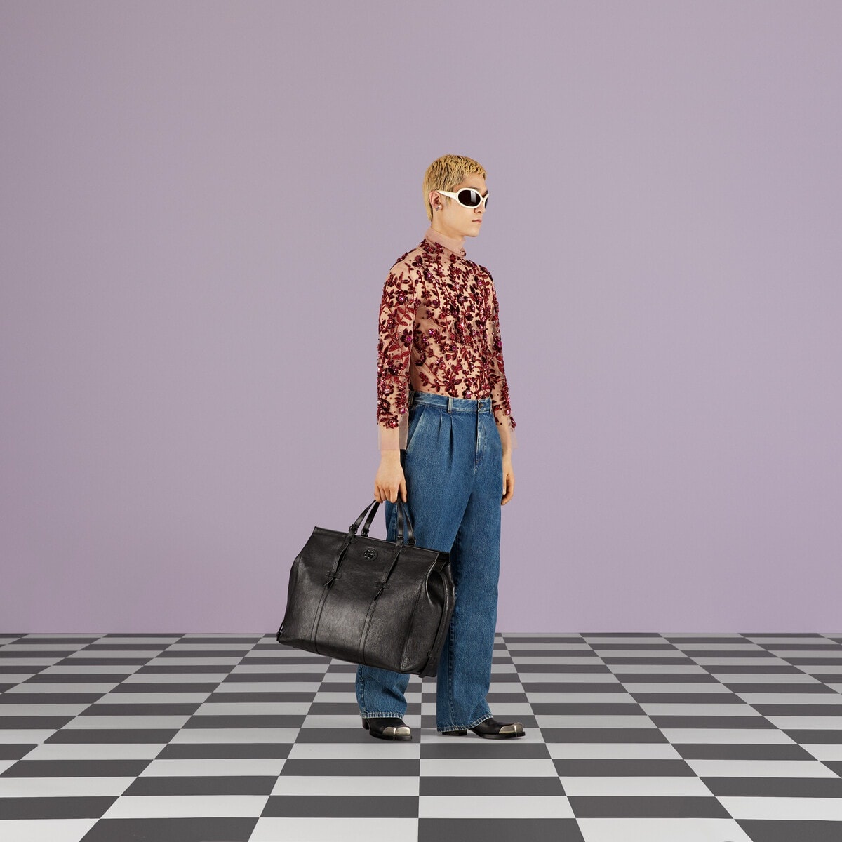 Large tote bag with tonal Double G - 3