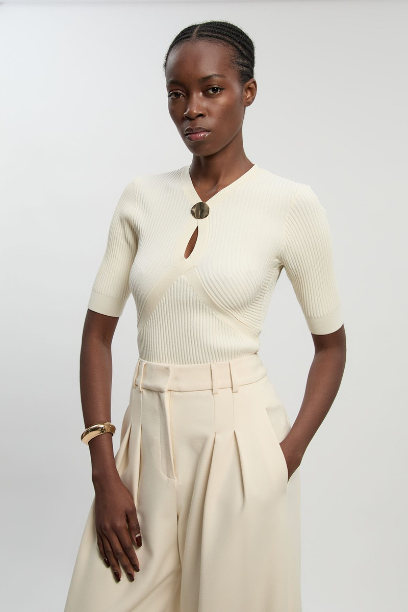 KAREN MILLEN Rib Knit Trim Detail Short Sleeve Top outlook