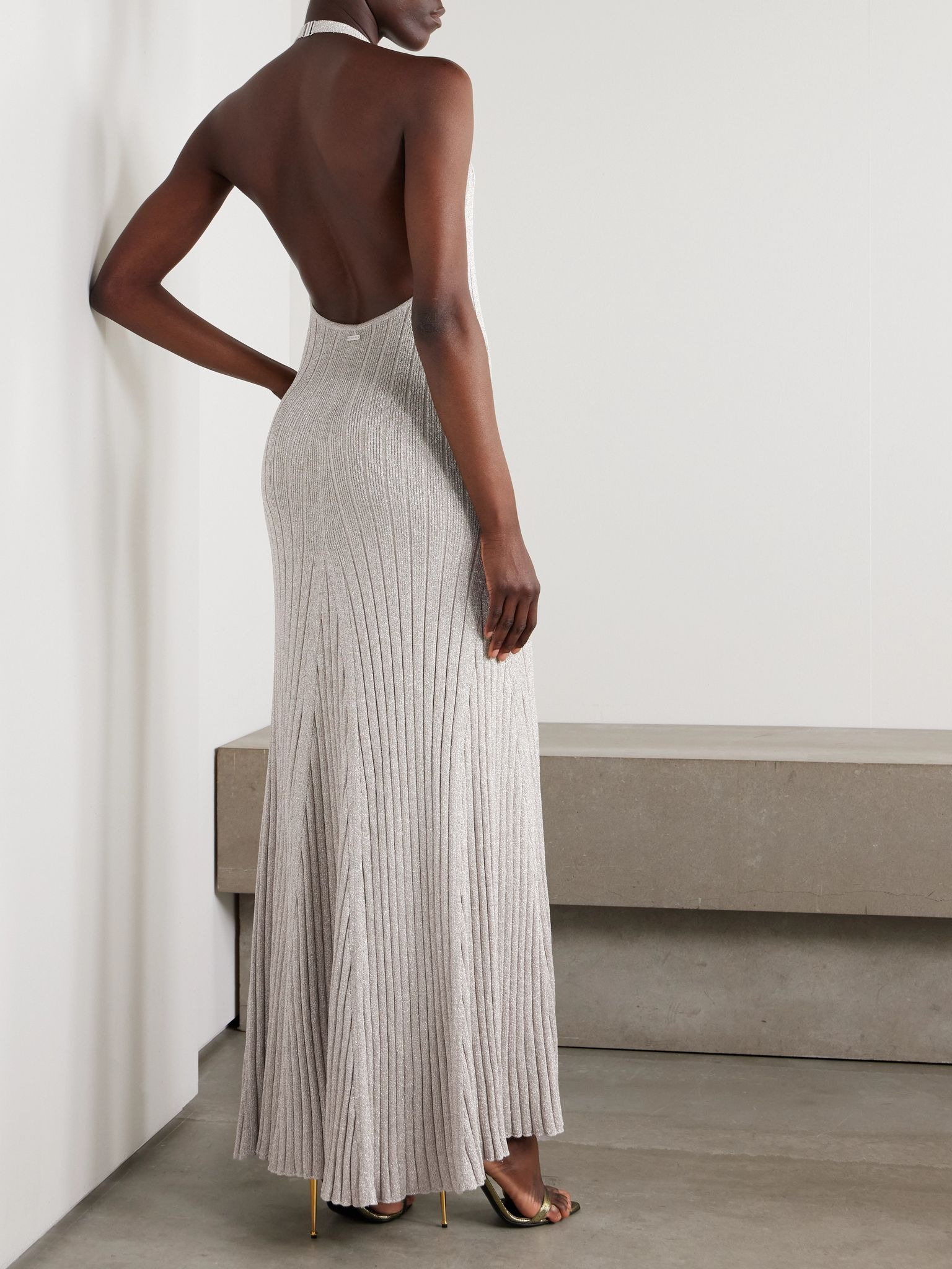 Metallic ribbed-knit halterneck maxi dress Silver - 3