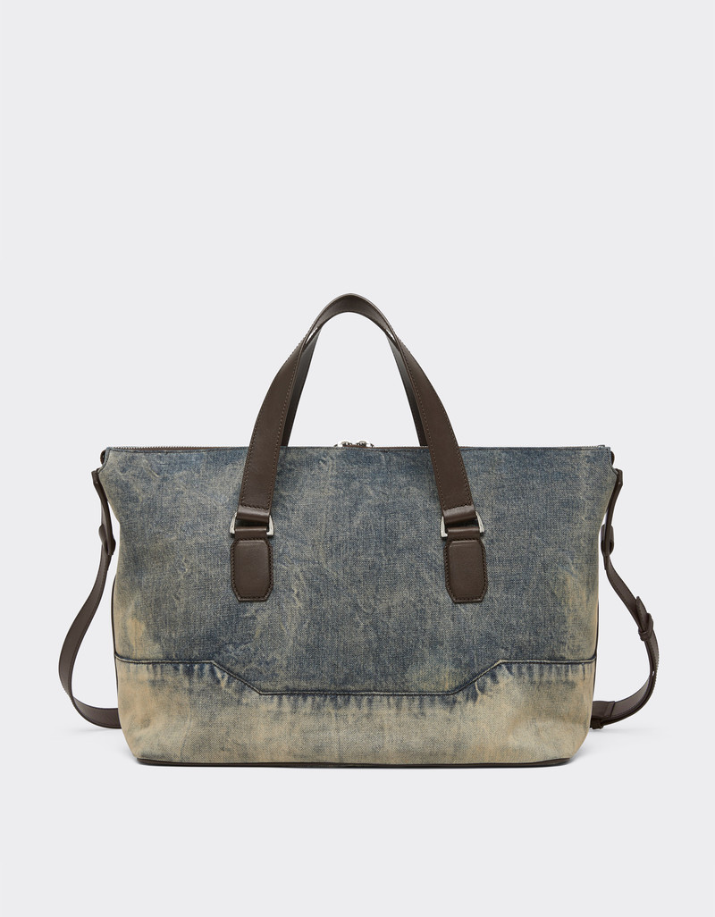 Acid-washed denim and leather duffle bag 5
