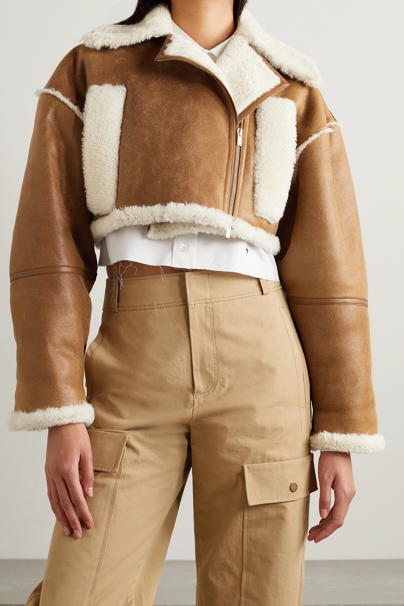 Cropped textured-leather and shearling biker jacket - 3