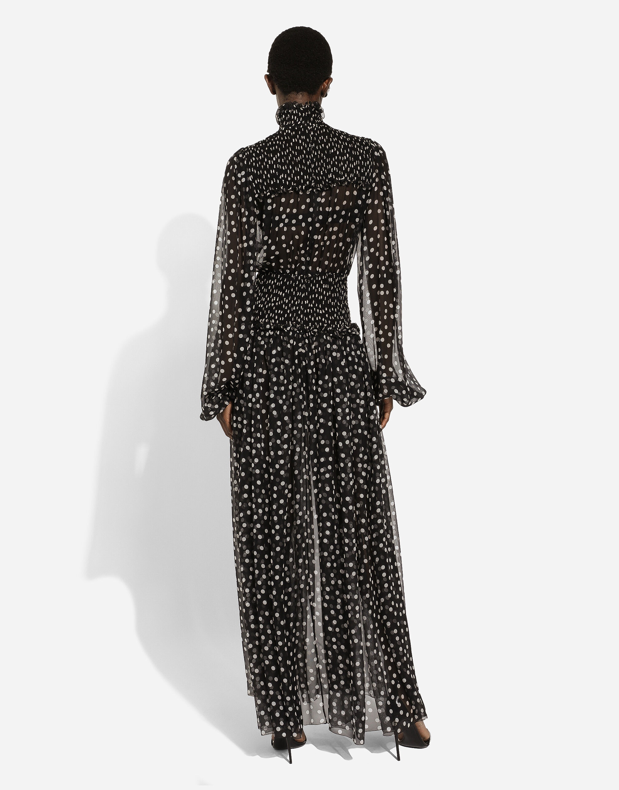Chiffon midi dress with smock stitching and micro-polka dot print - 3