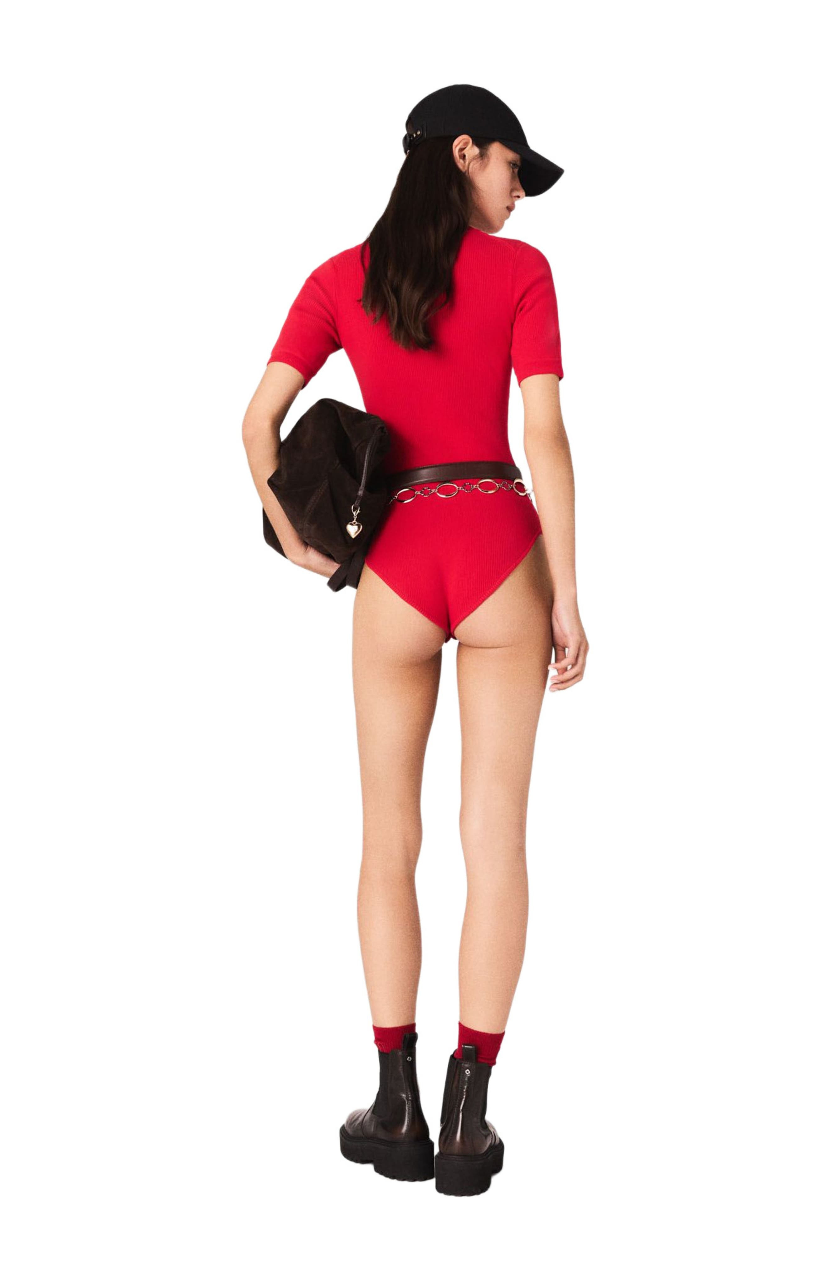 maje Ribbed knit sleeve bodysuit in Red at Nordstrom - 2
