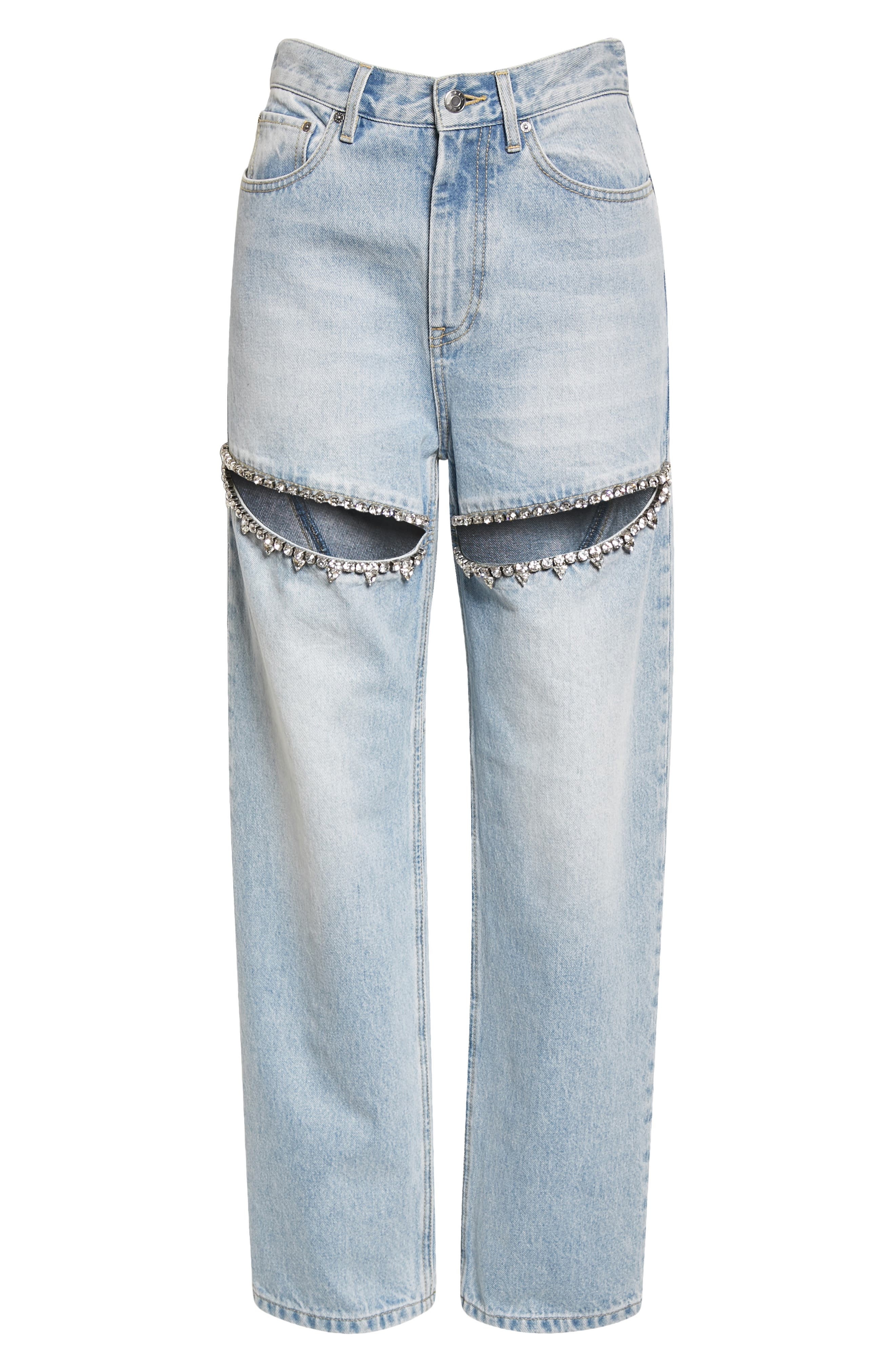 Area Crystal Slit Cotton Denim Straight Leg Jeans in Light Blue at Nordstrom - 5