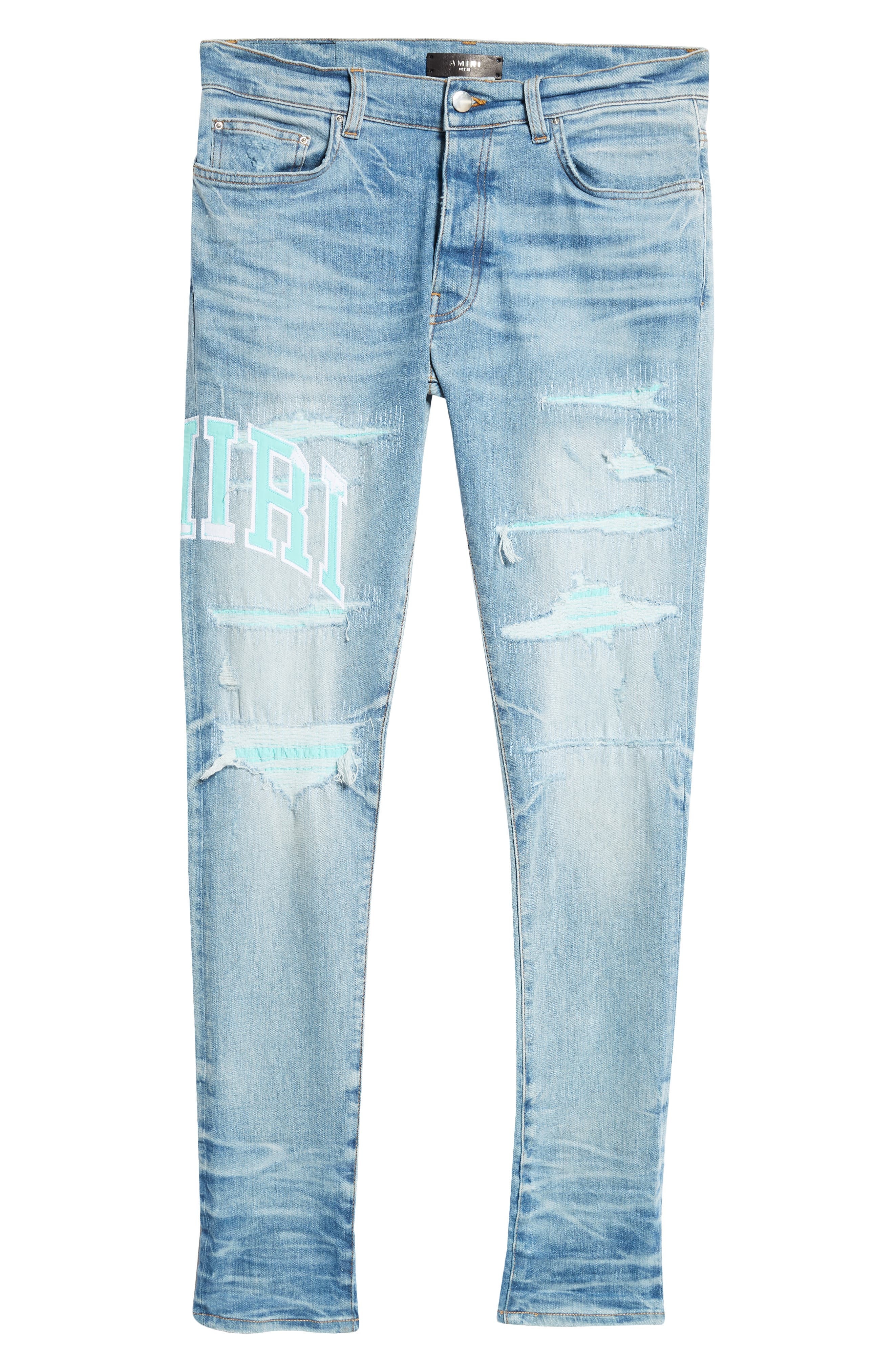 AMIRI Varsity Logo Rip & Repair Skinny Fit Jeans in Perfect Indigo at Nordstrom - 6