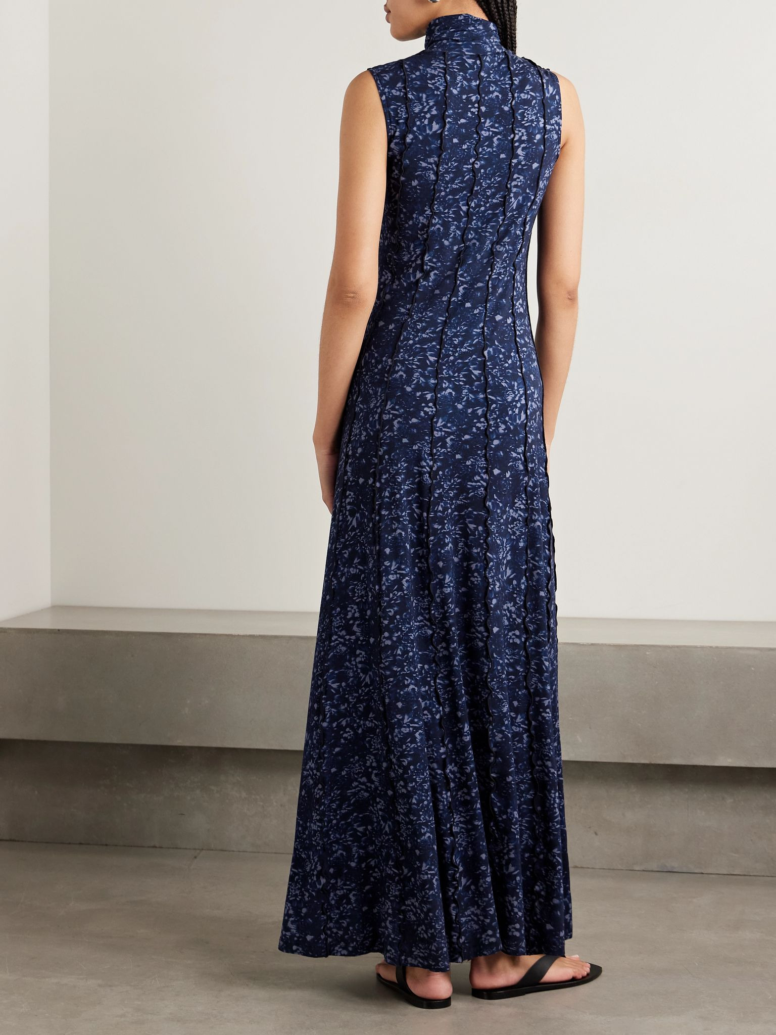 Valentina printed stretch-jersey turtleneck maxi dress Navy - 3