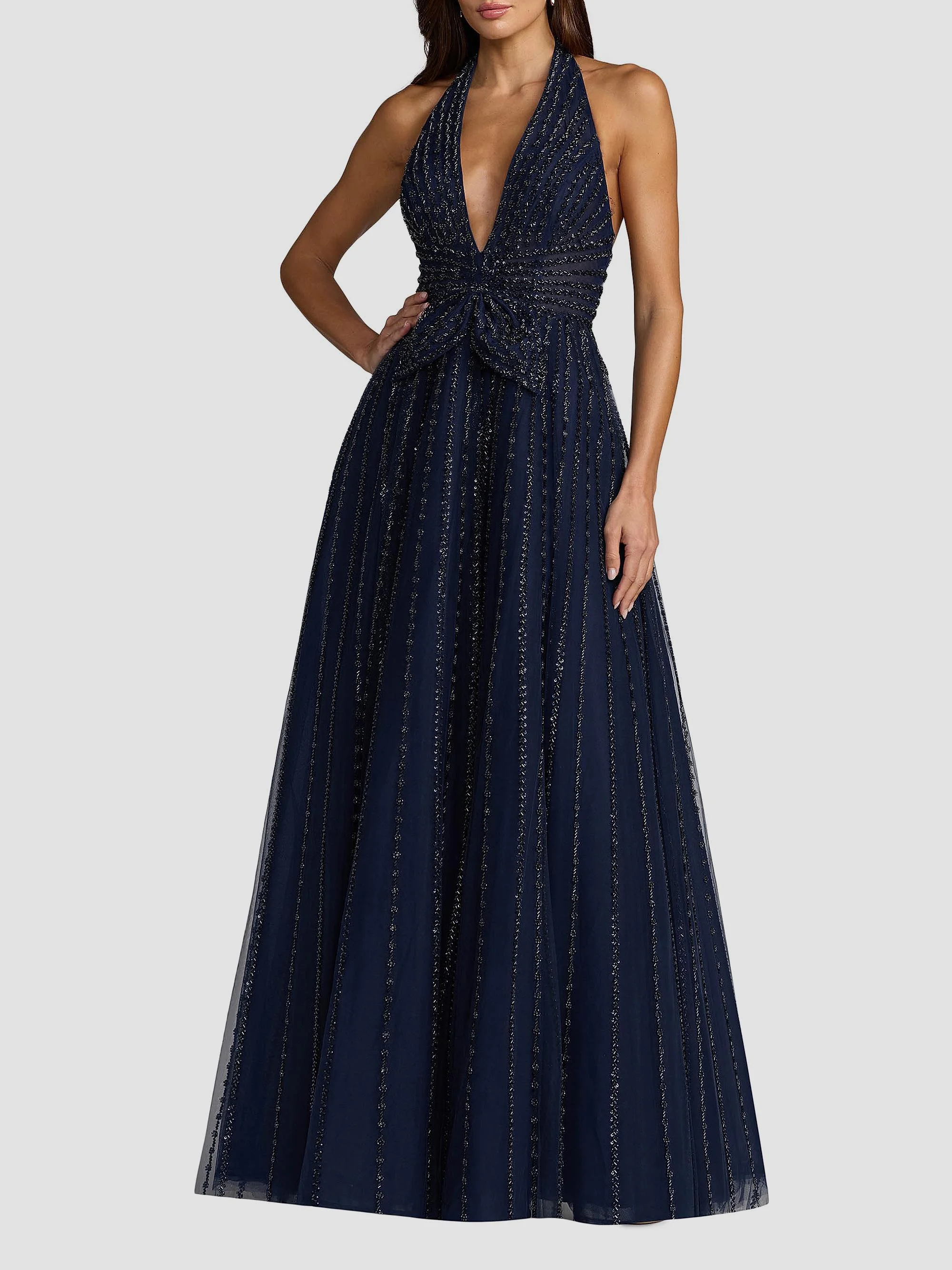 Women's Beaded Mesh Fit-&-Flare Gown - Midnight - 1