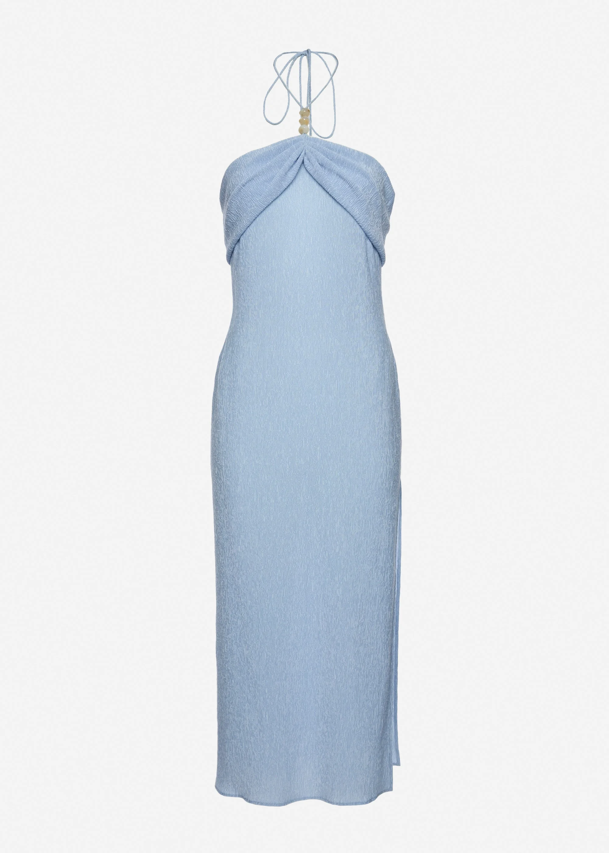 Long halterneck dress with draped neckline in light blue - 1