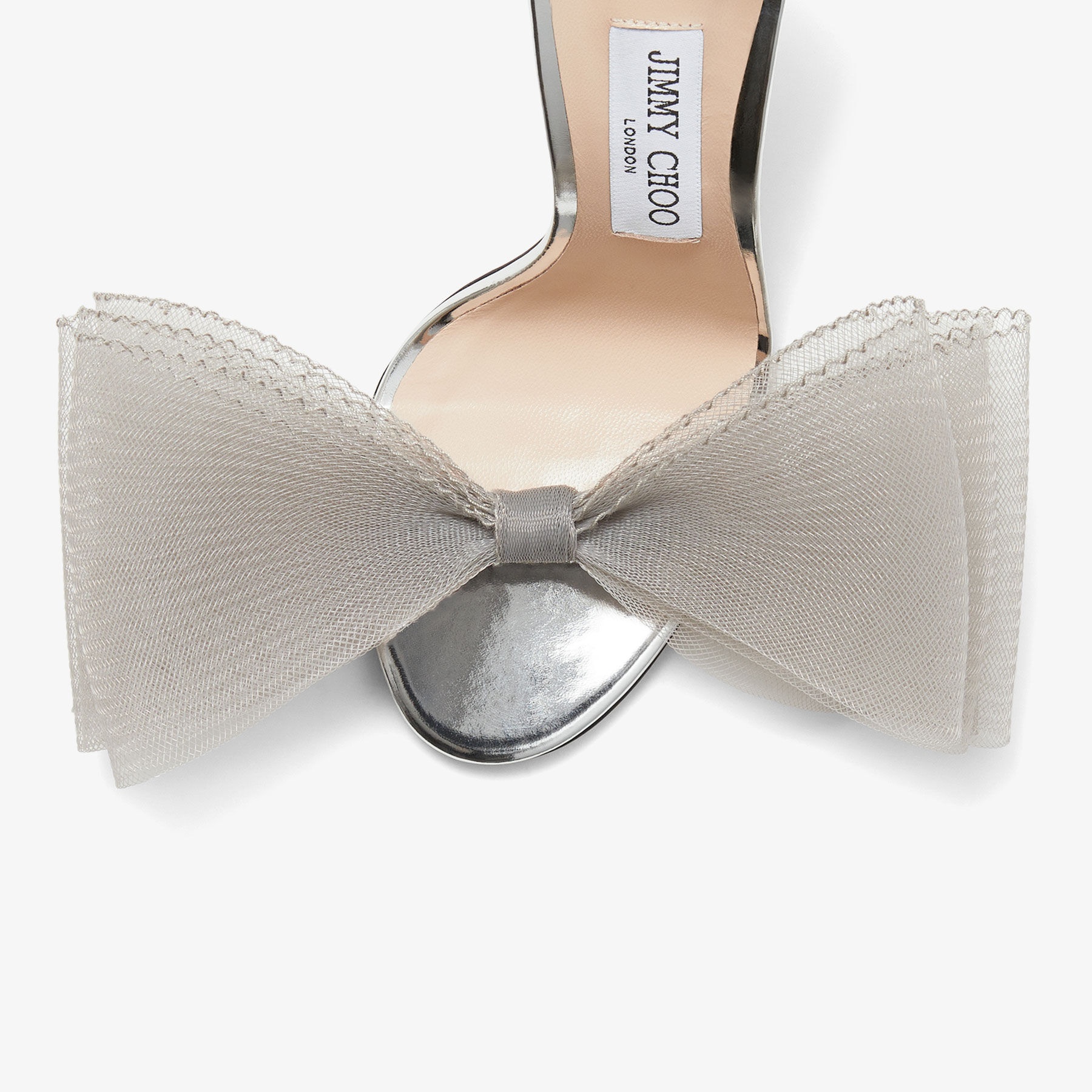 Aveline 100
Silver Sandals with Asymmetric Grosgrain Mesh Fascinator Bows - 3