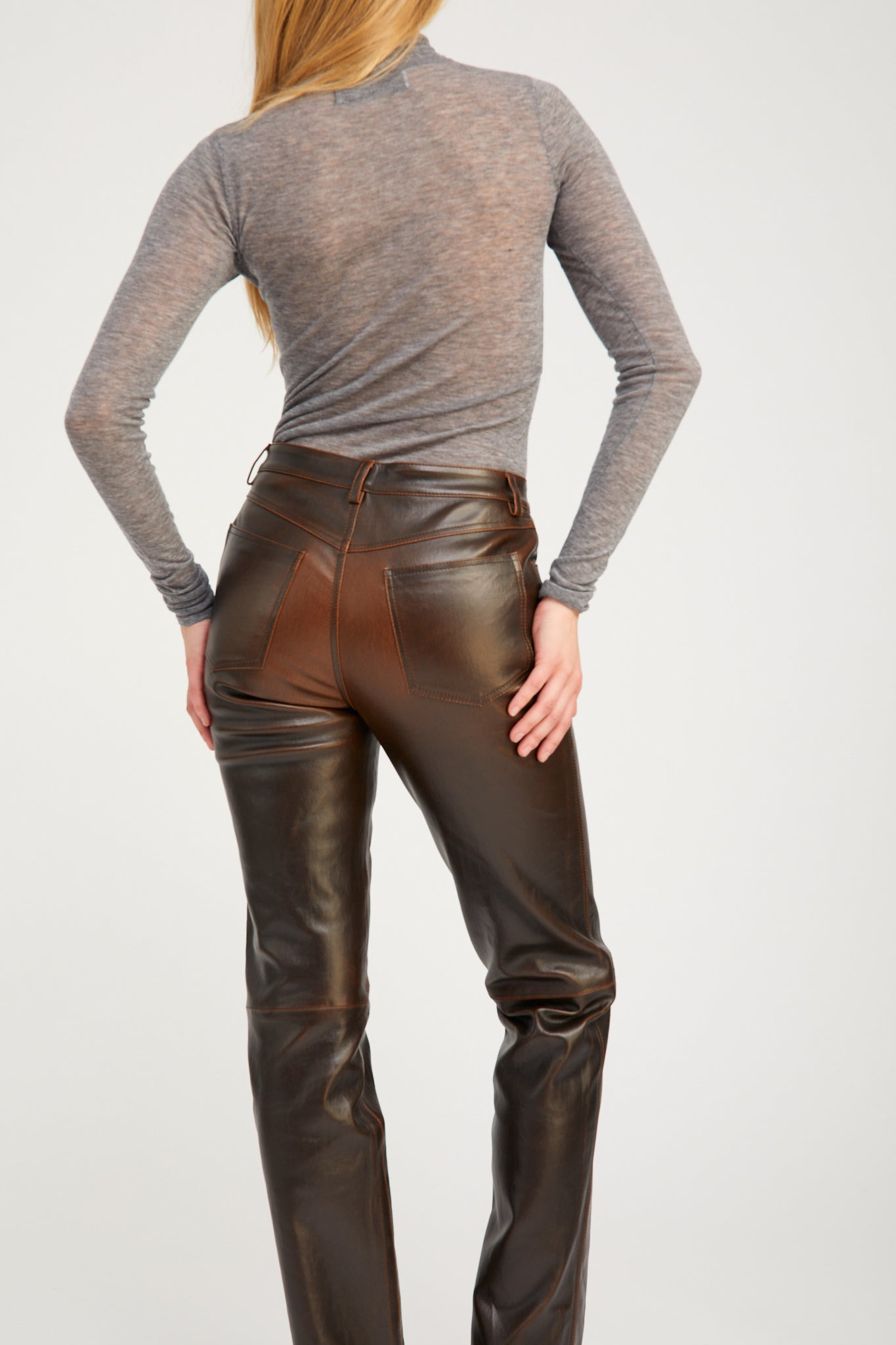 BURNT UMBER LEATHER 5 POCKET SLIM STRAIGHT - 7