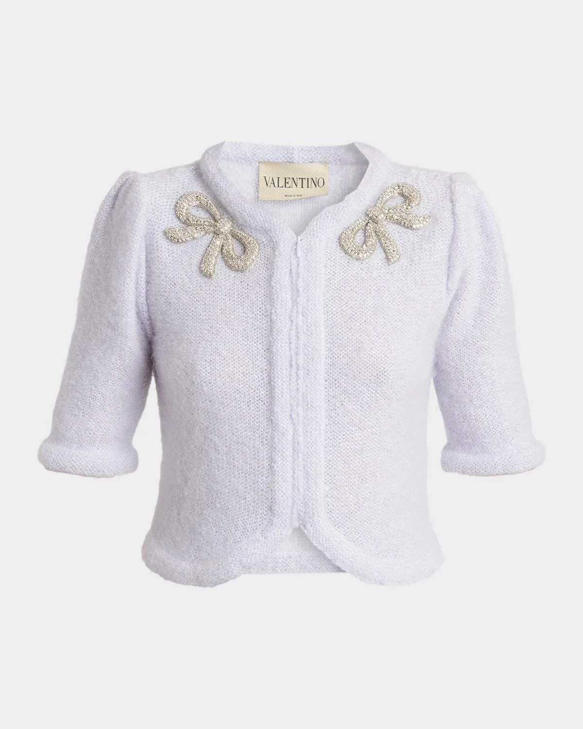 Bow Embroidered Mohair Short-Sleeve Crop Cardigan - 1