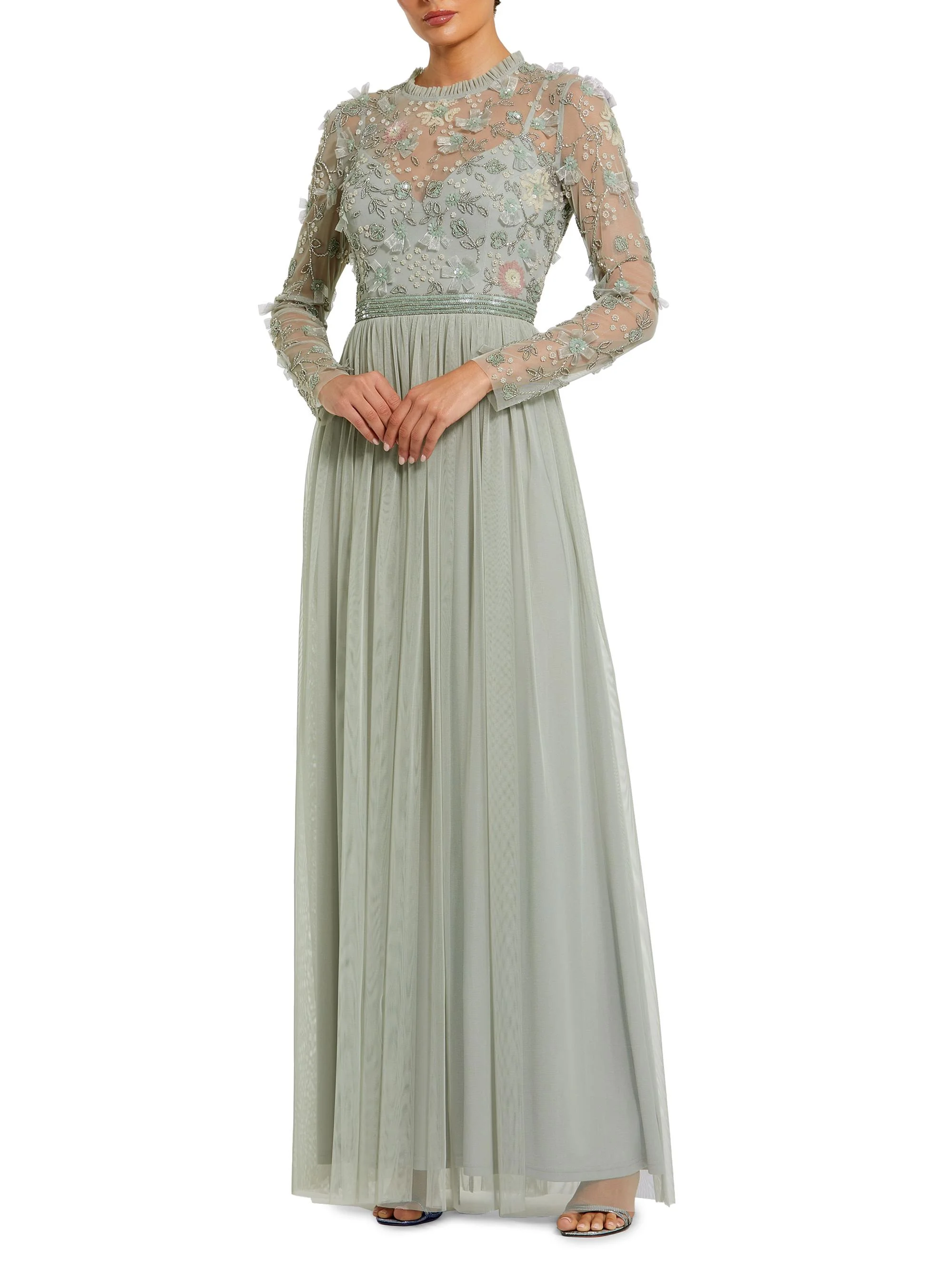 Women's Sequin-Embellished Long-Sleeve Gown - Sage - 1