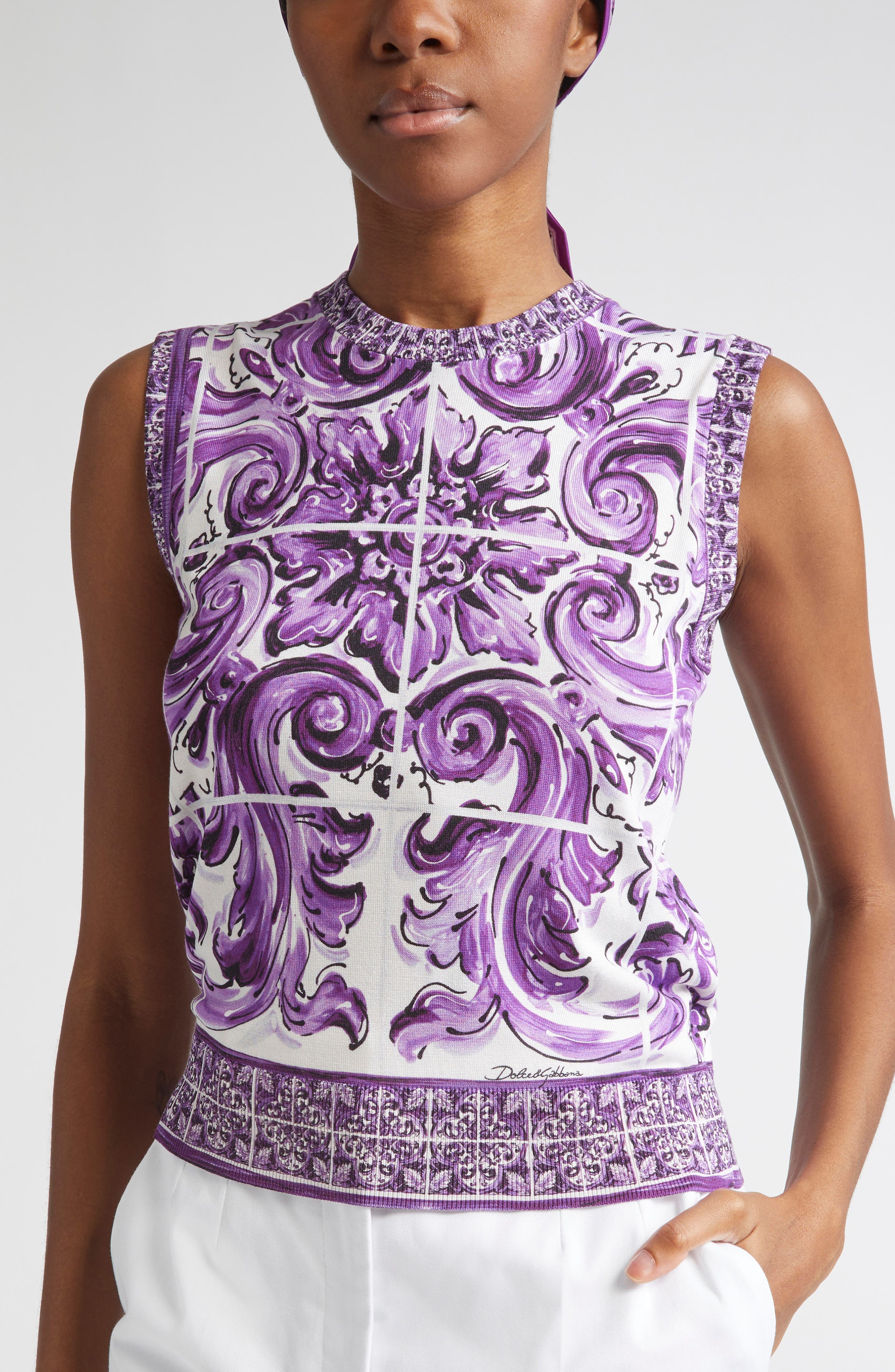 Dolce&Gabbana Majolica Print Silk Sweater in H25Dq Maiolica 1L Viola at Nordstrom - 4