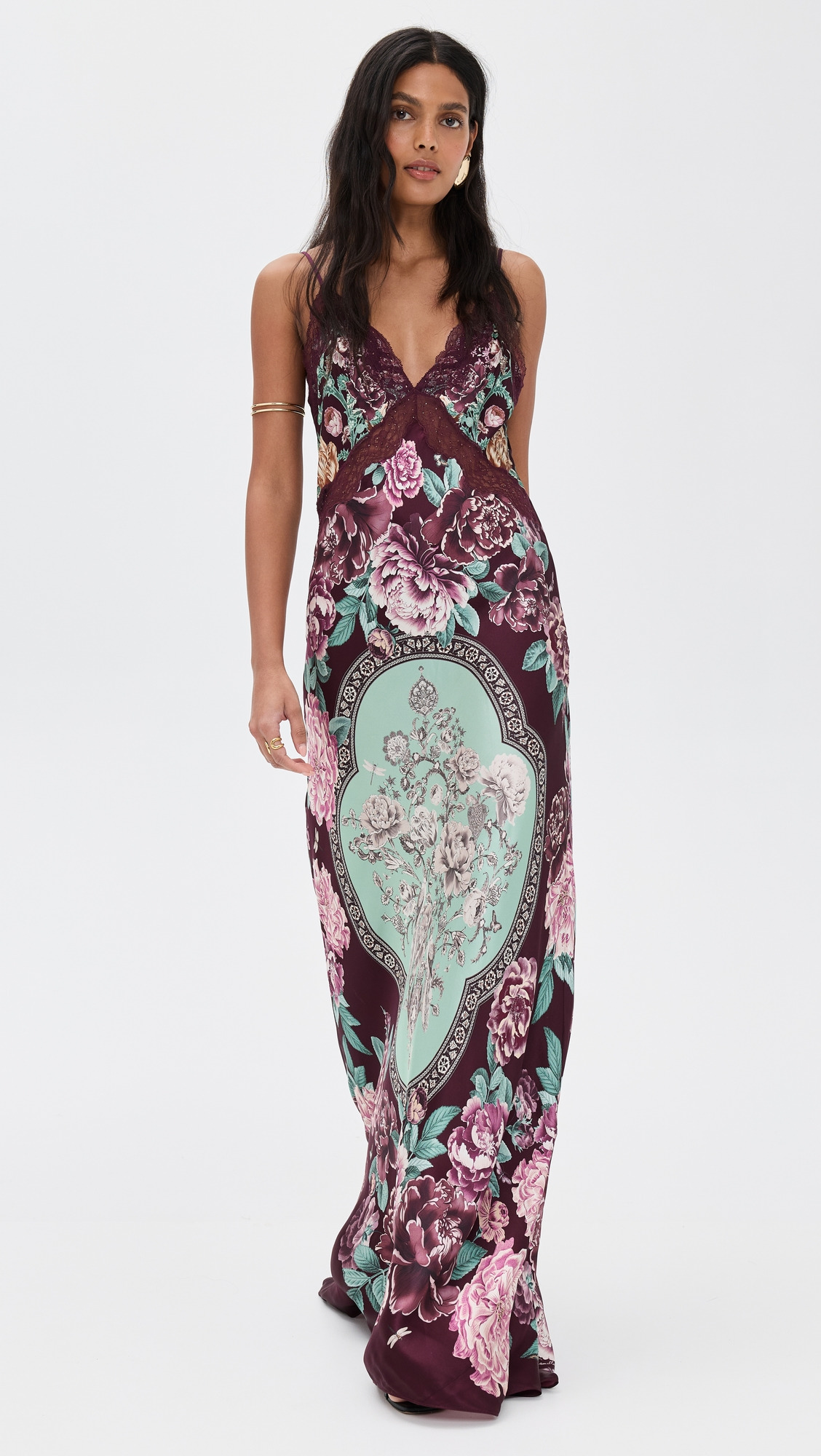 V Neck Long Bias Silk Slip Dress with Train - 4