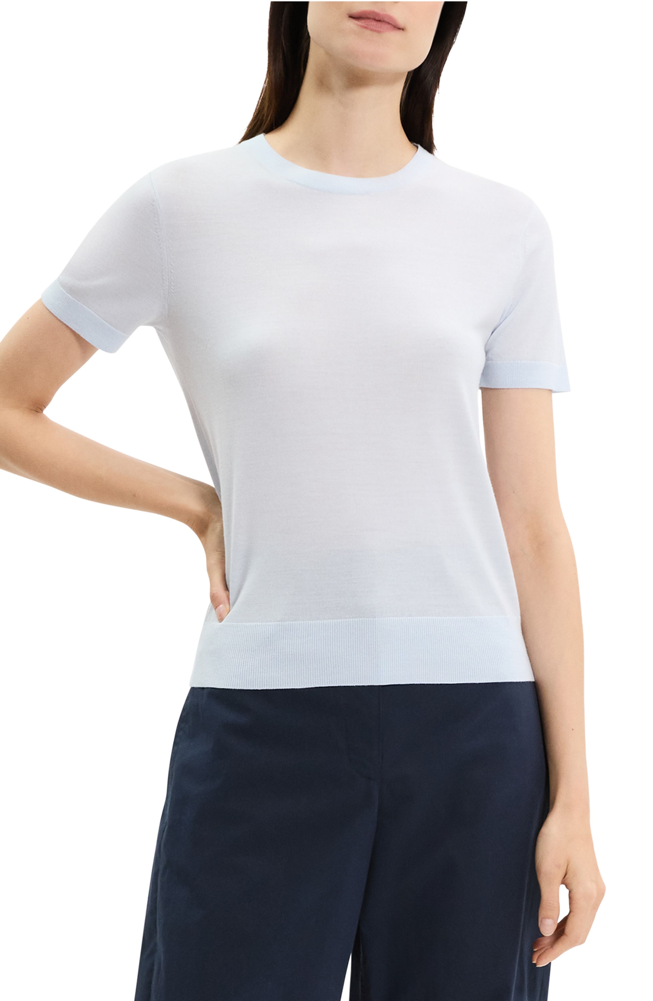 Theory Regal Short Sleeve Wool Sweater in Mist at Nordstrom - 1