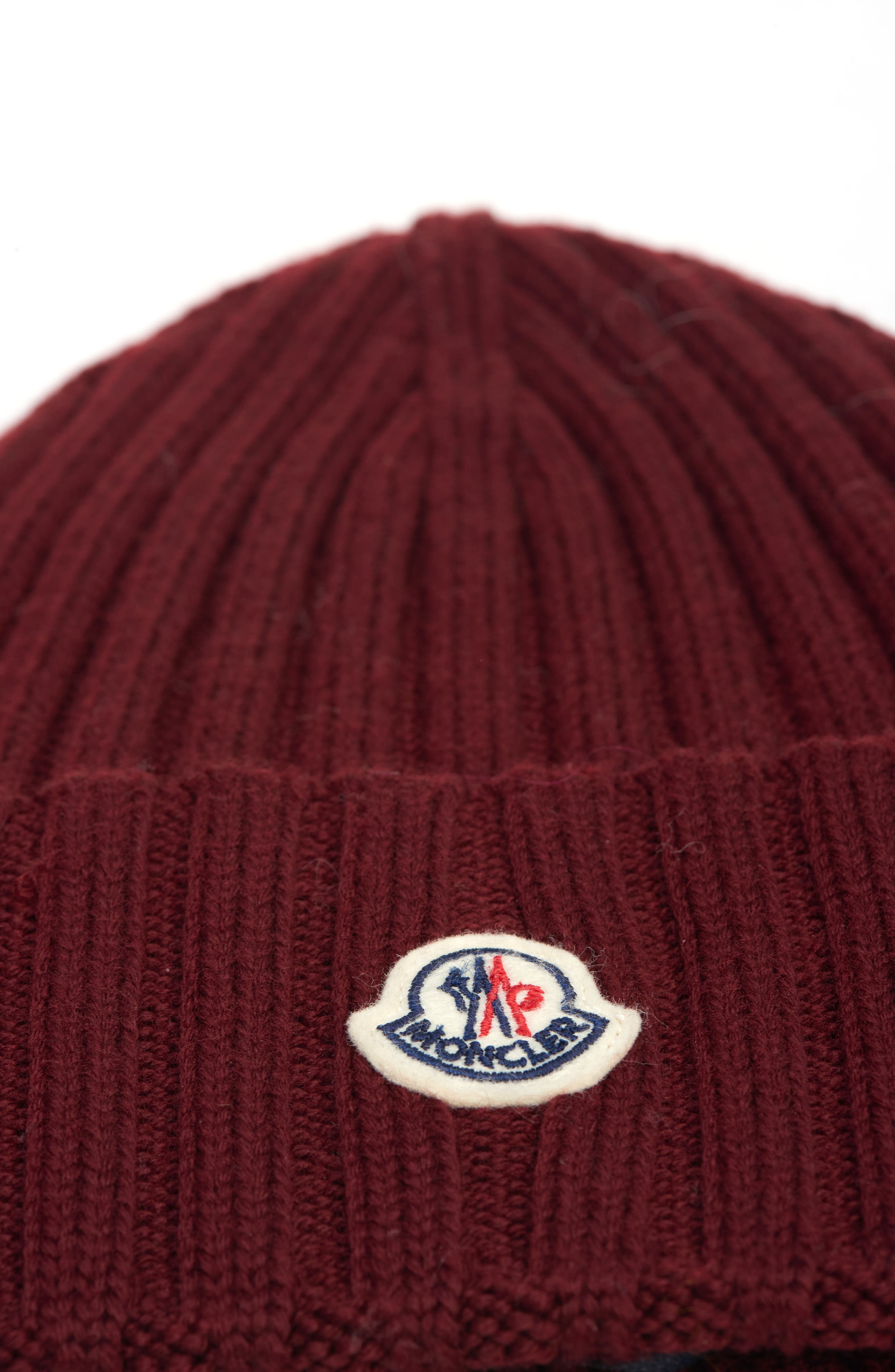 Moncler Logo Patch Rib Wool Beanie in Fire Red at Nordstrom - 3