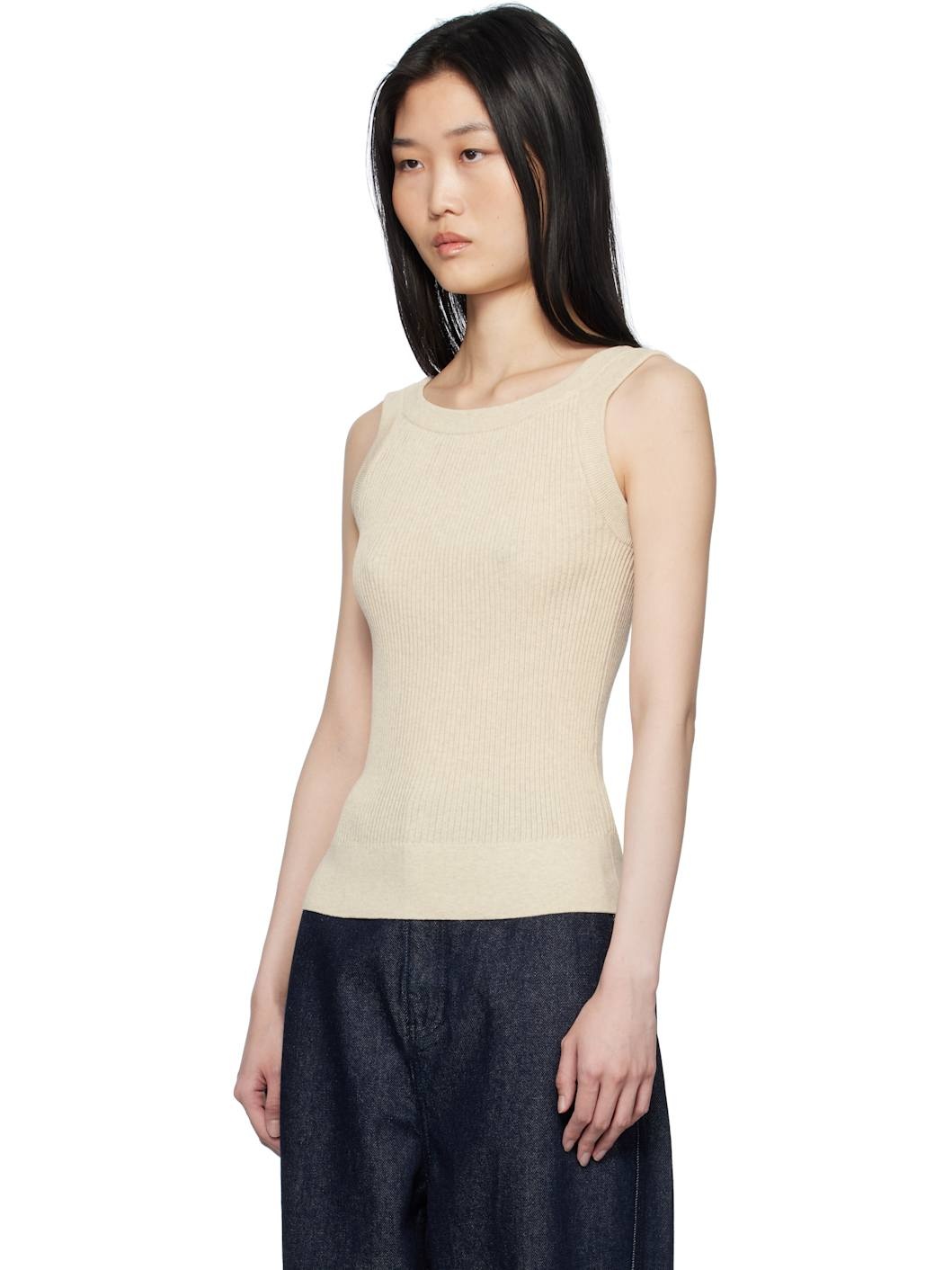 Beige Ribbed Scoop Neck Tank Top - 4