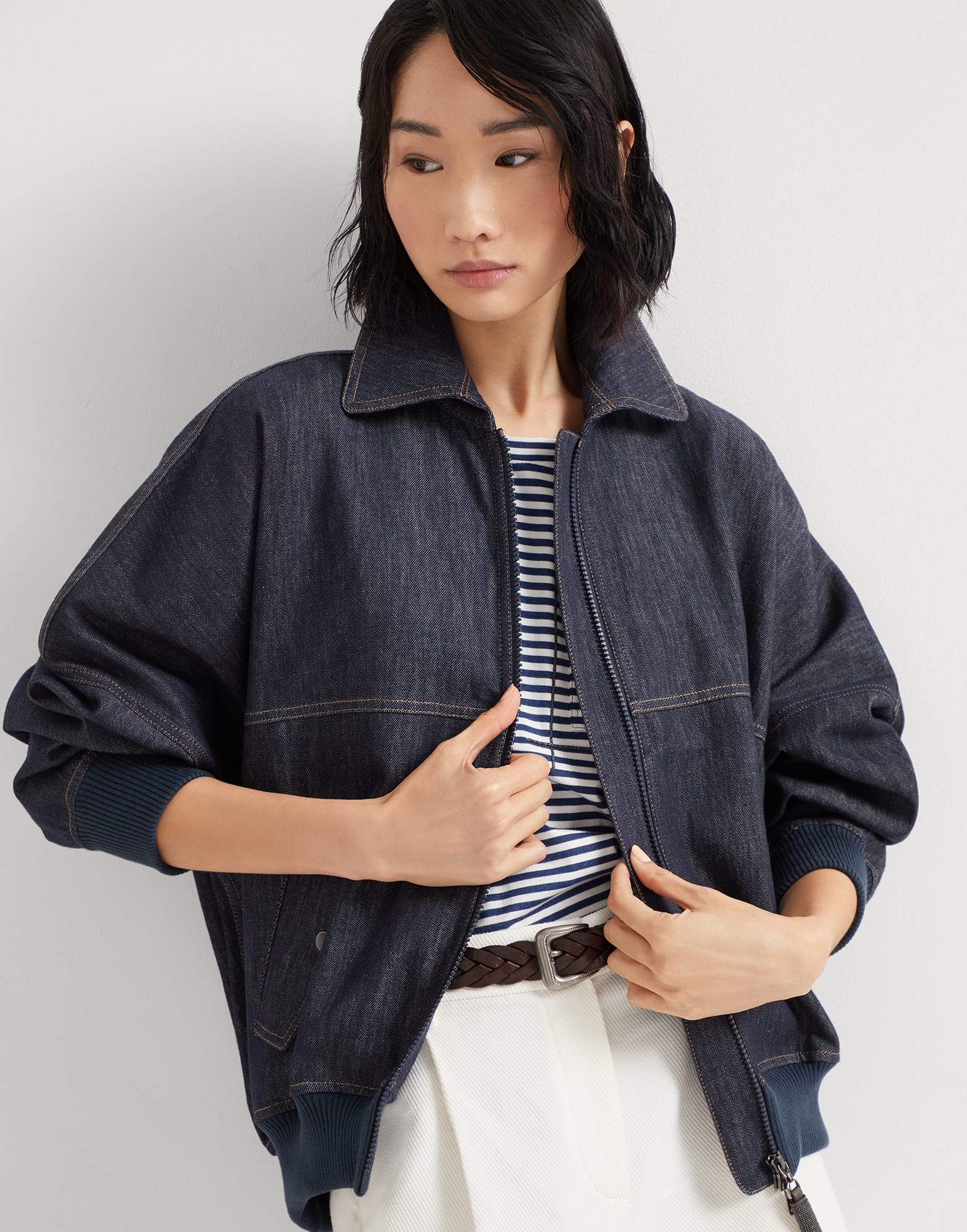 Denim-effect twill bomber jacket with shiny zipper pull - 4