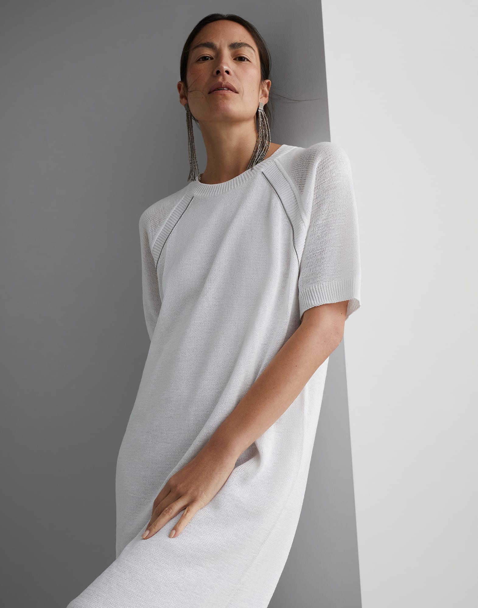 Cotton knit dress with shiny piping - 4