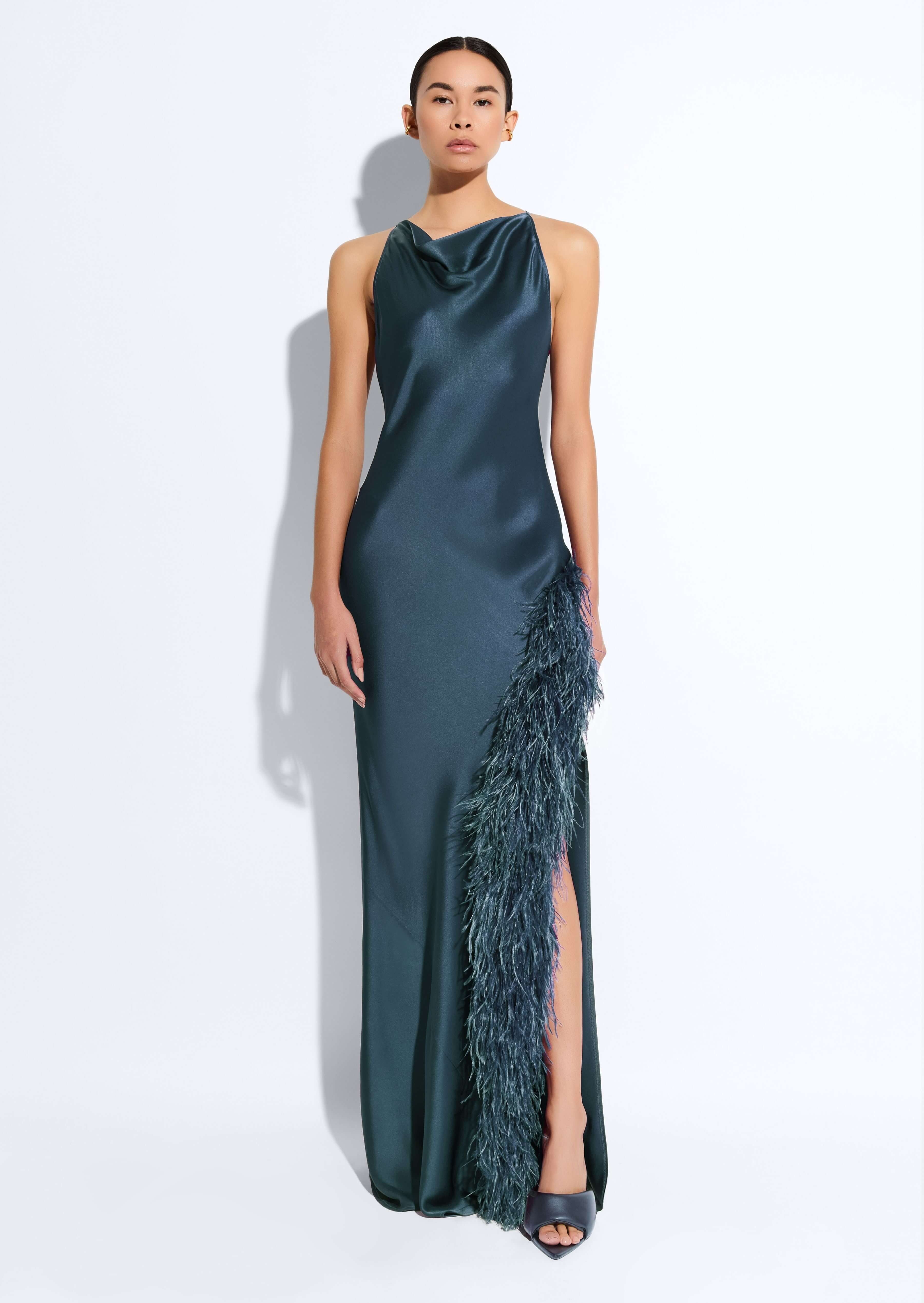 Satin Halter Gown With Feathers - 2