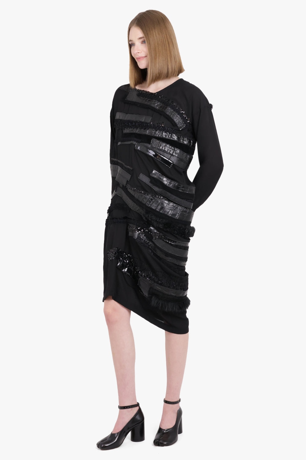 ASYMMETRIC L/S MIDI DRESS WITH LEATHER X SEQUIN PANELS | BLACK - 2