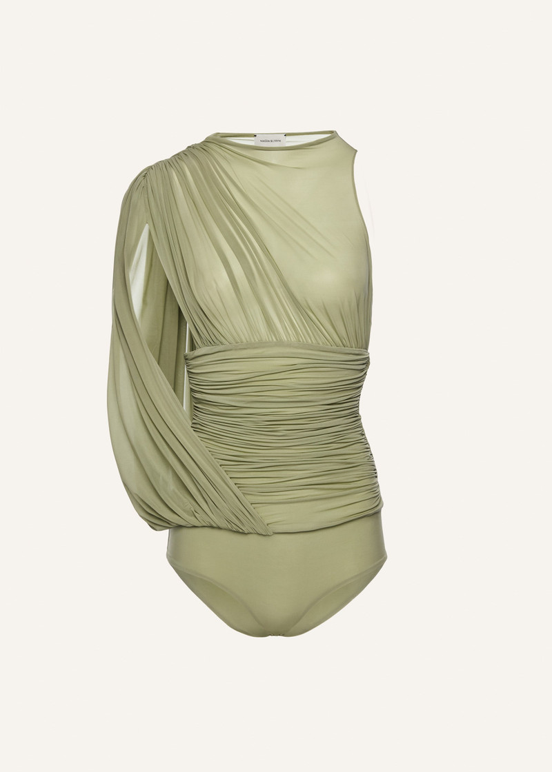 Sheer draped bodysuit in green 1