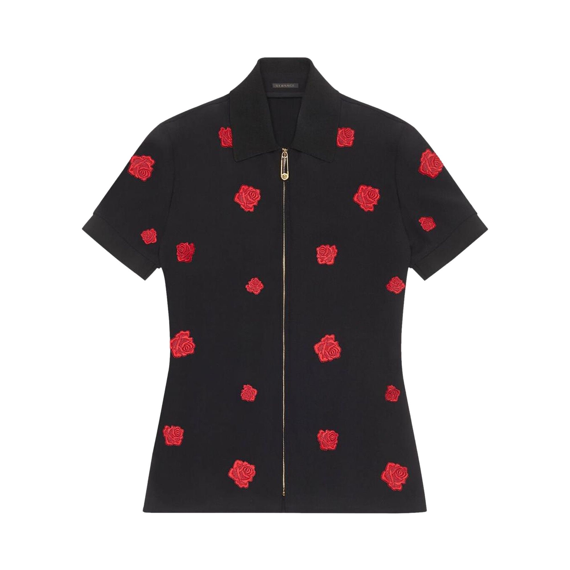 Versace Zip Up Rose Embroidered Short-Sleeve Shirt 'Black' - 1