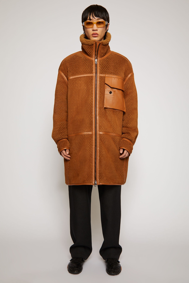 Laser-cut suede coat camel brown 5