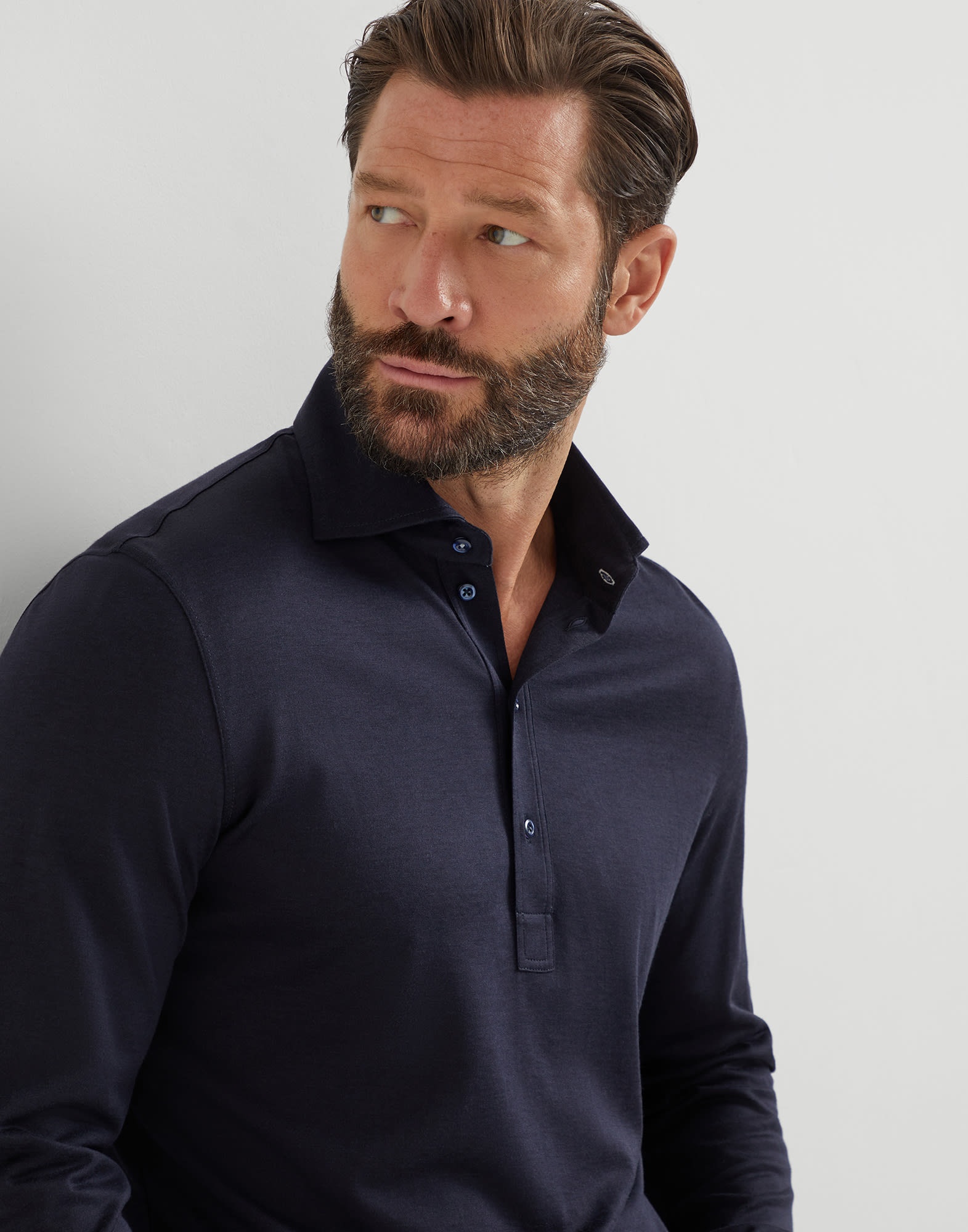 Silk and cotton lightweight jersey long sleeve polo with shirt-style collar - 3