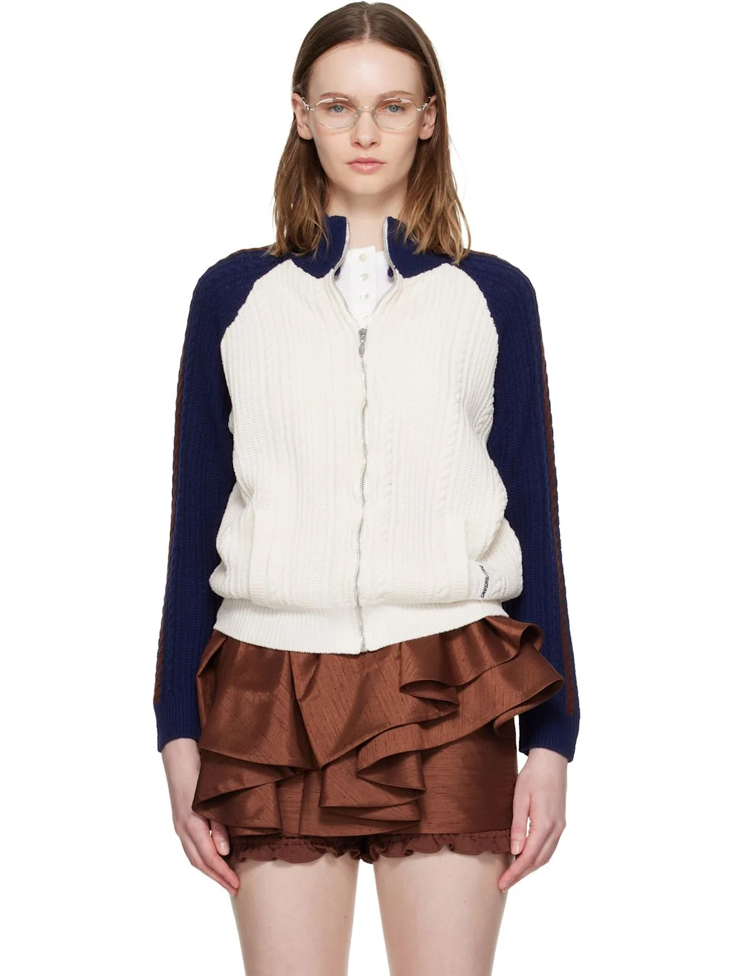 Off-White & Navy Color-Block Raglan Sleeve Knit Cardigan - 1