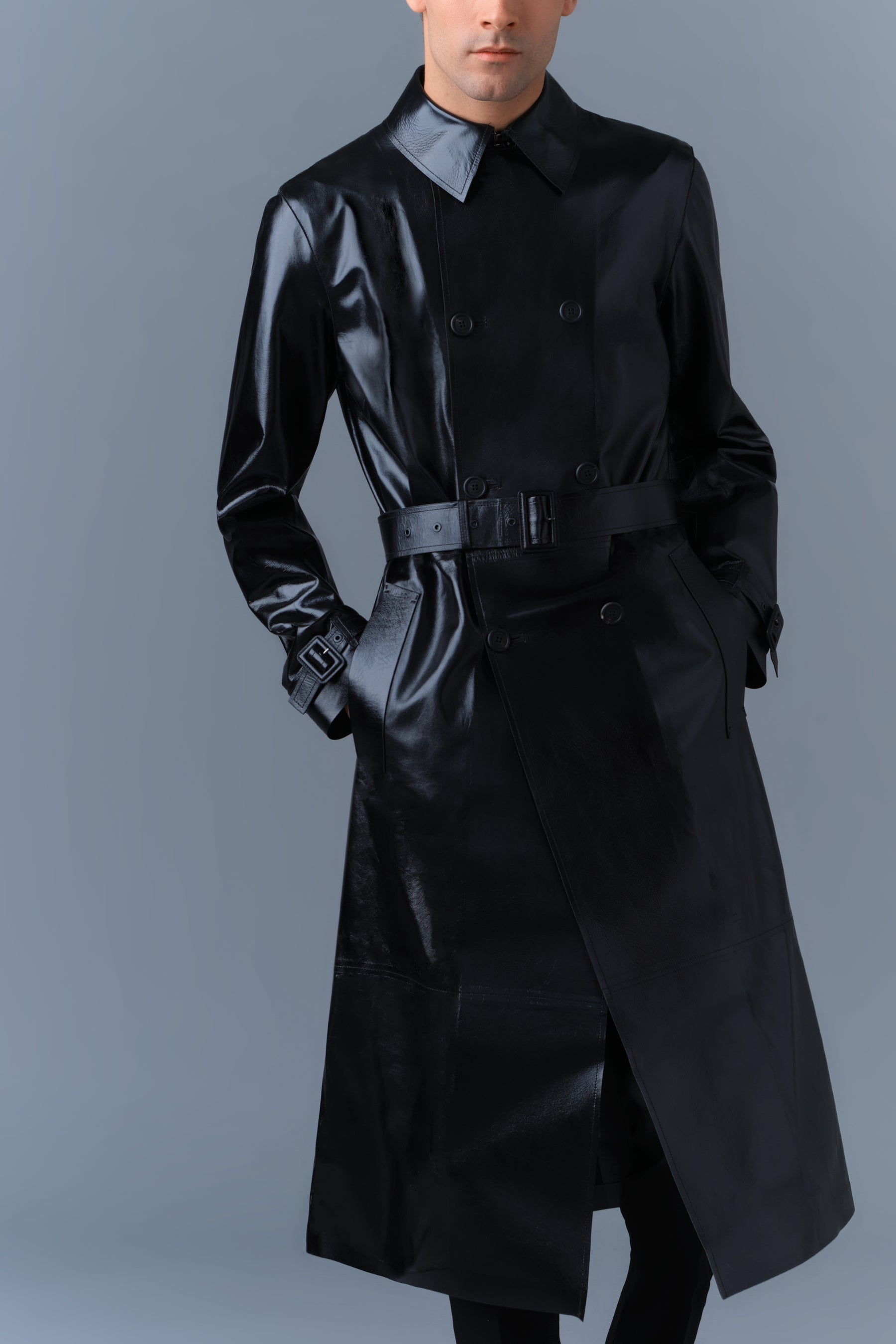 CARSON Leather Trench Coat with Belt - 5