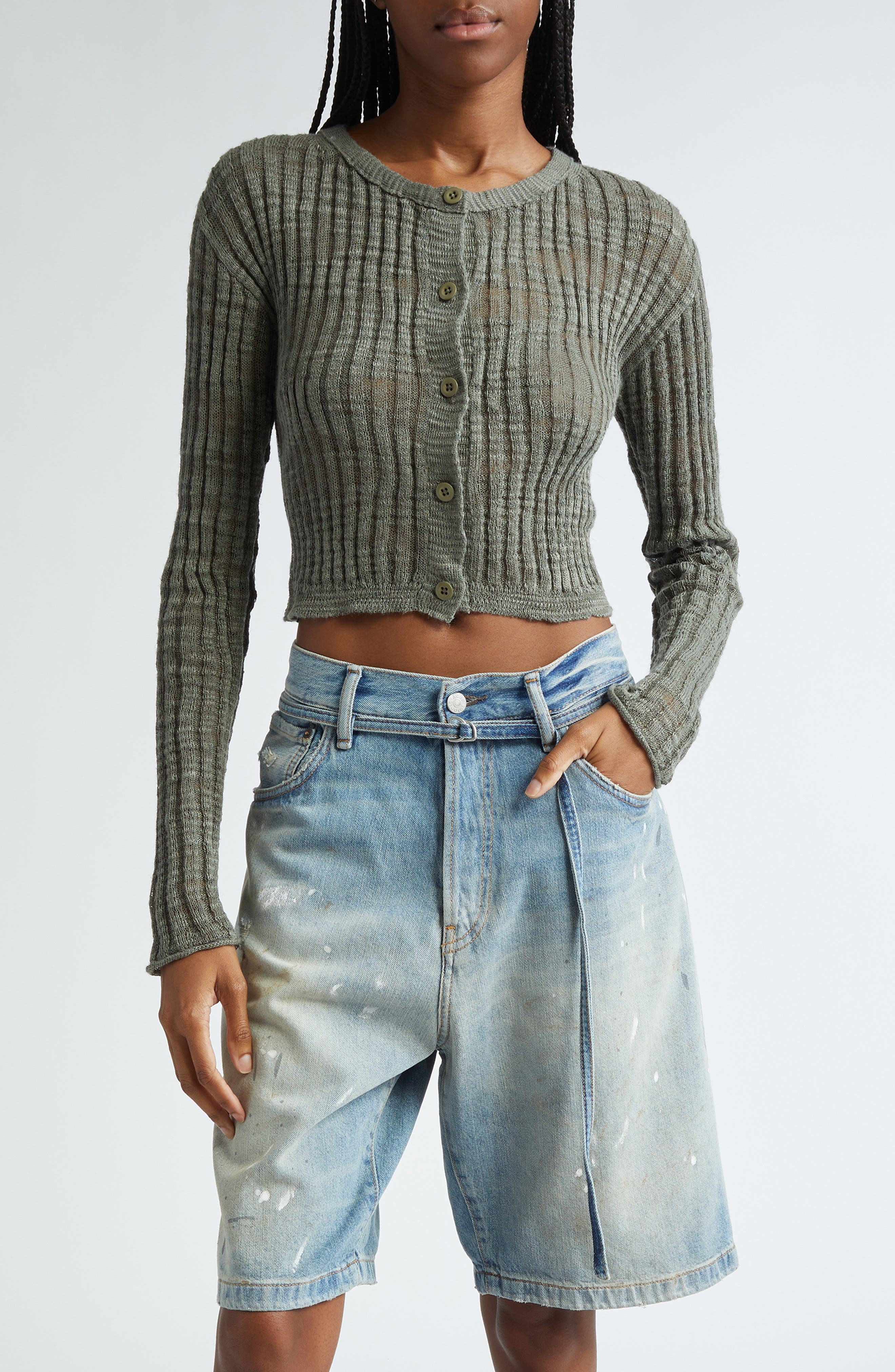 Acne Studios Kiko Rib Linen Blend Cardigan in Seagrass Green at Nordstrom - 1