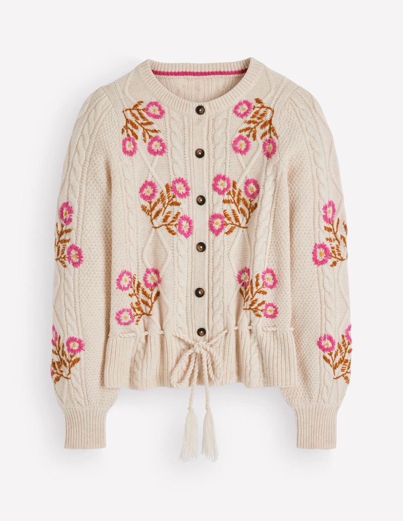Cable Knitted Cardigan-Ecru Marl, Embroidery - 1