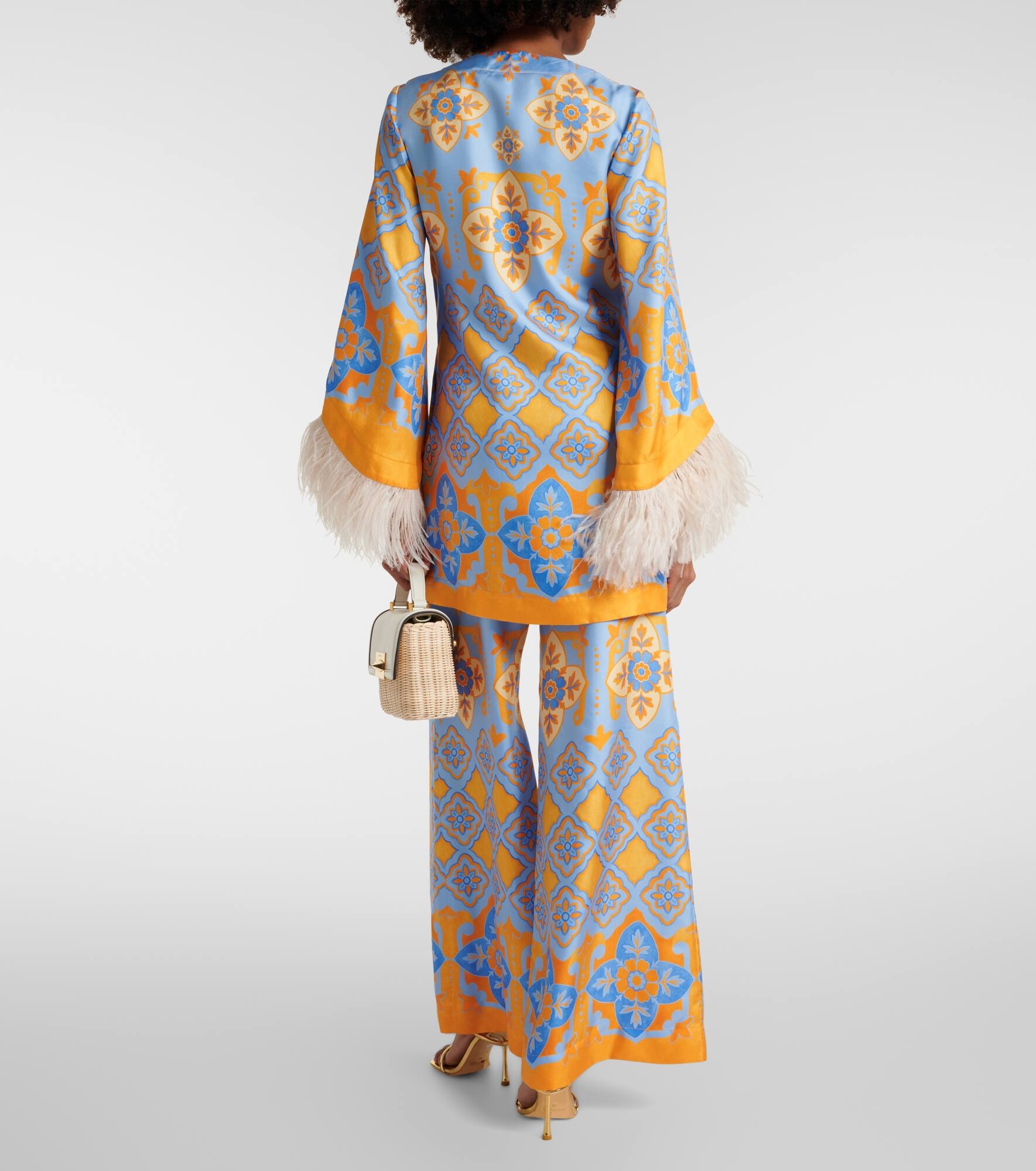 Printed feather-trimmed silk minidress - 3