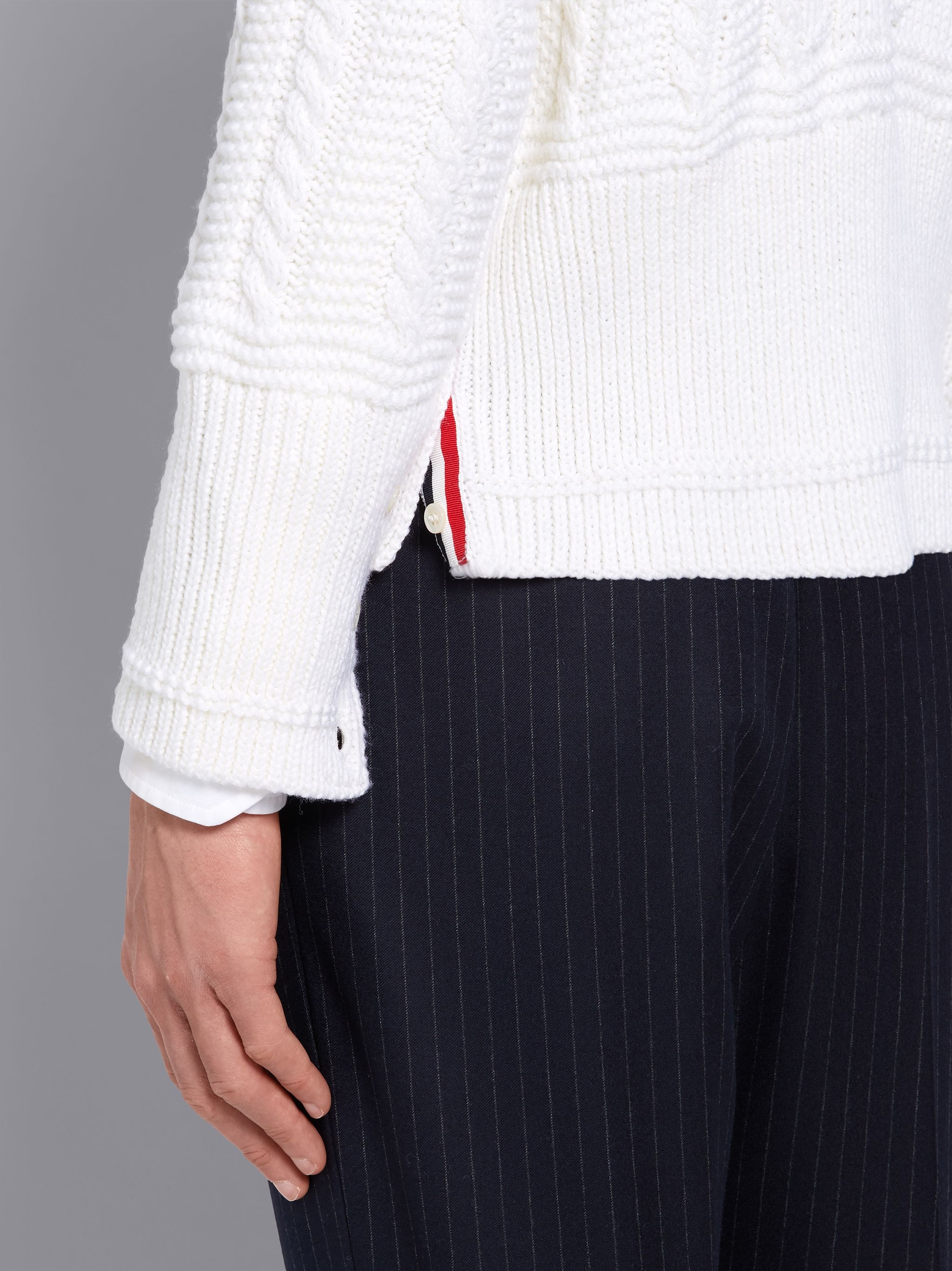 White Fine Merino Wool Aran Cable V-neck 4-Bar Cardigan - 6