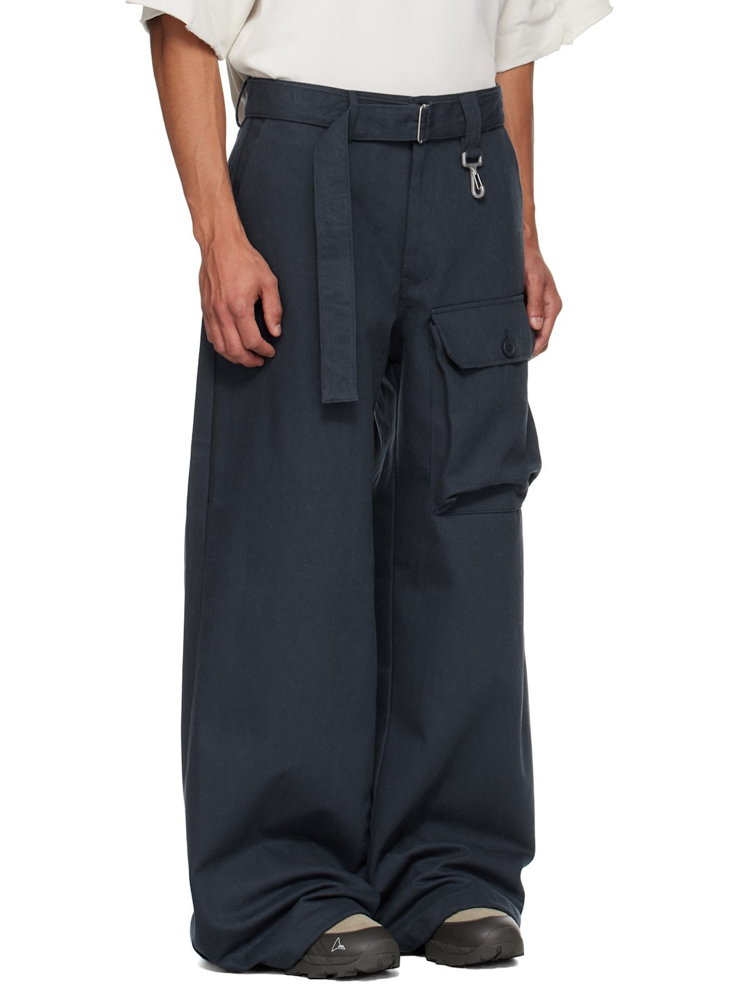 Navy Cotton Twill Patch Pocket Belted Trousers - 2