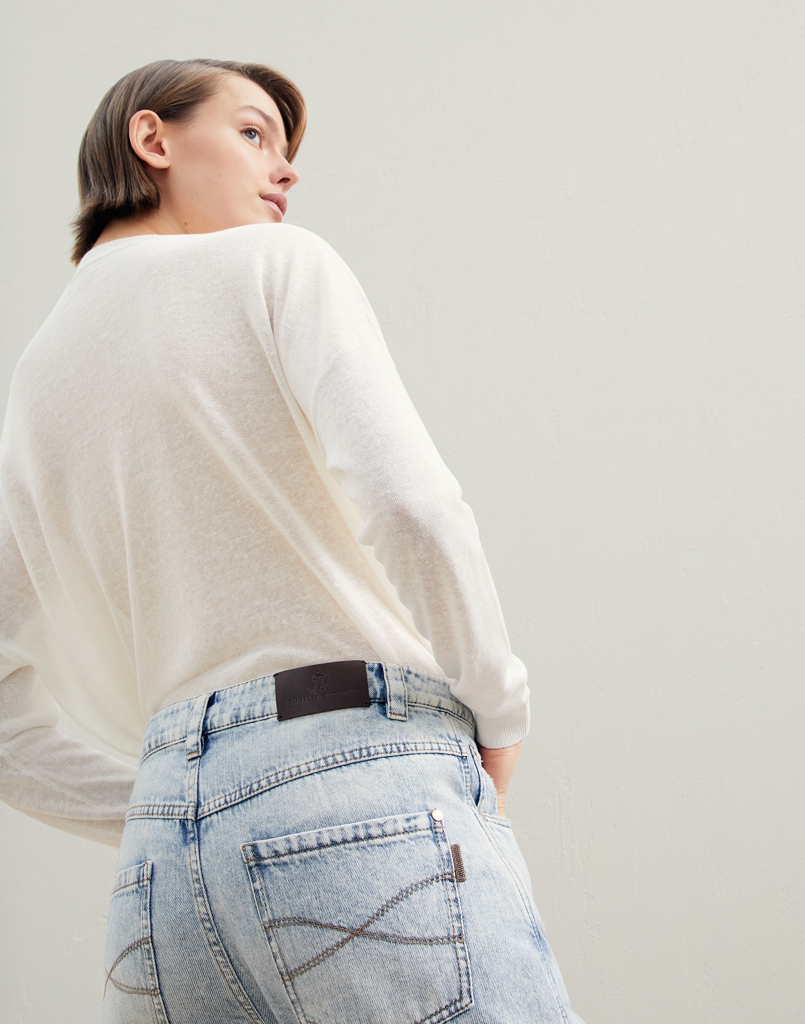 Soft denim straight trousers with shiny details - 3