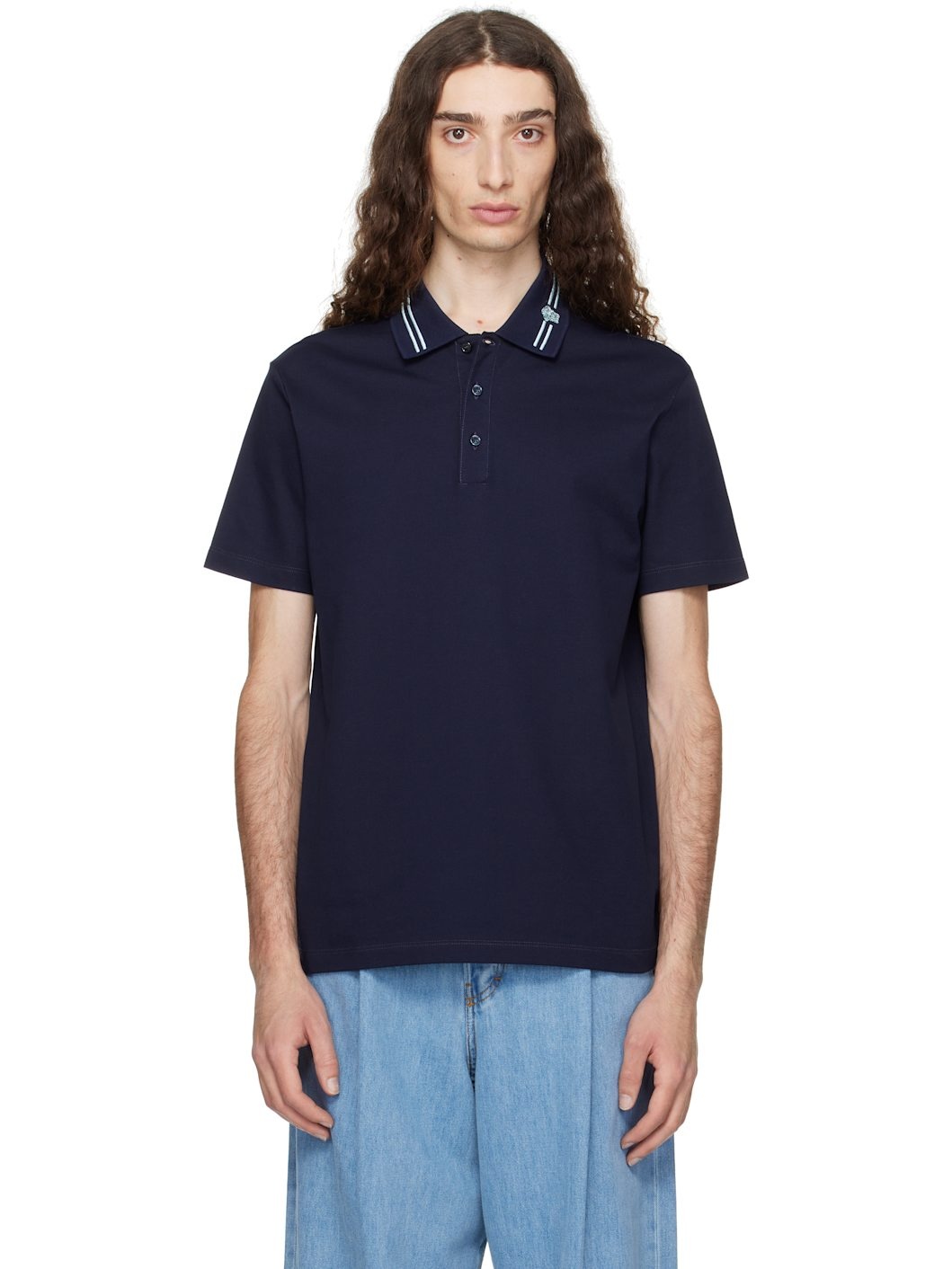 Navy Embroidered Medusa Polo - 1