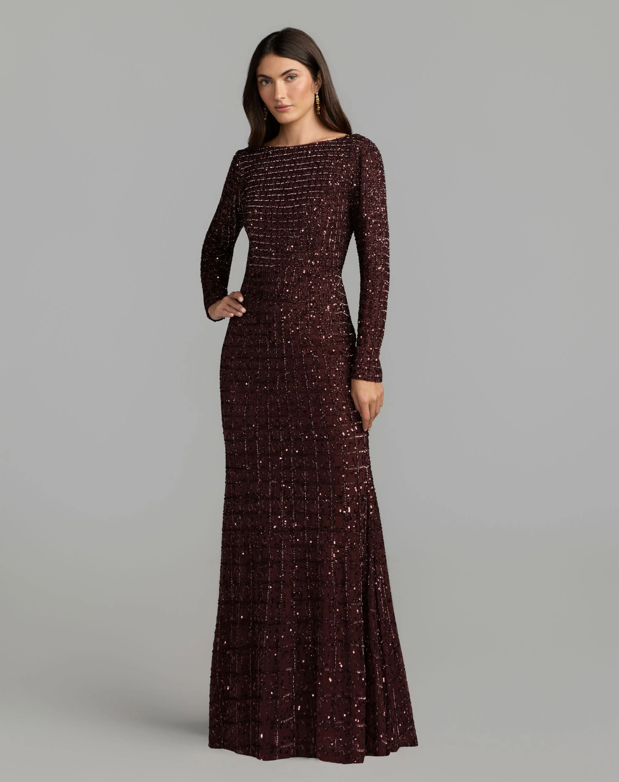 Chocolate Long Sleeve Embellished Boat Neck Gown - 1