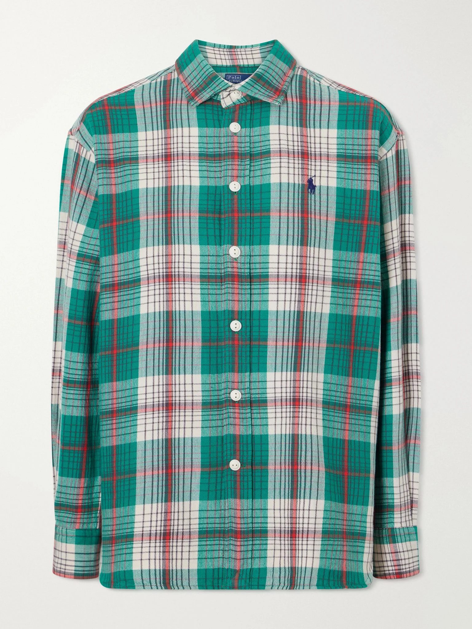 Logo-embroidered checked cotton-twill shirt Green - 1