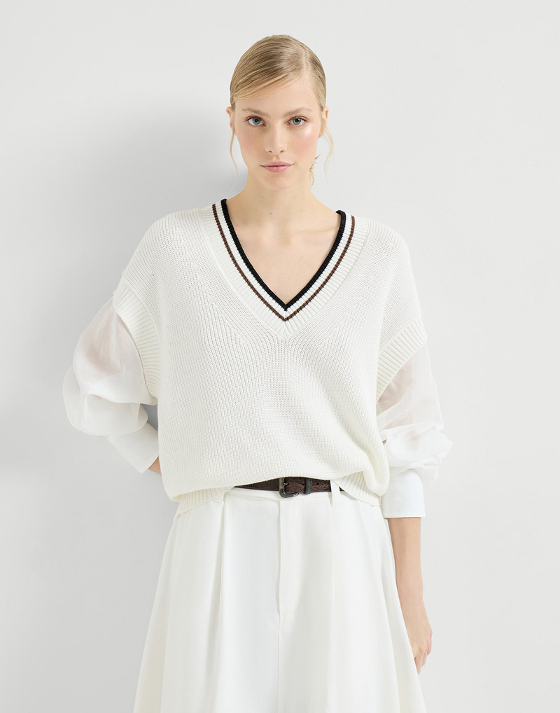 Cotton English rib sweater with organza sleeves 5