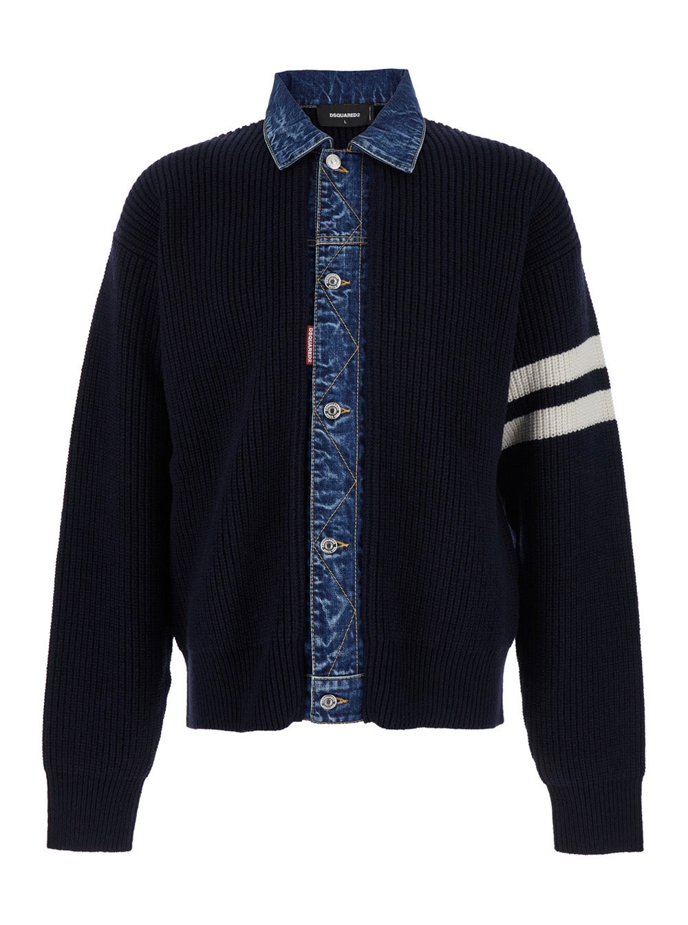 Dsquared2 Men Blue Cardigan With Denim Panels And Striped Details On The Sleeve In Wool And Cashmere - 1