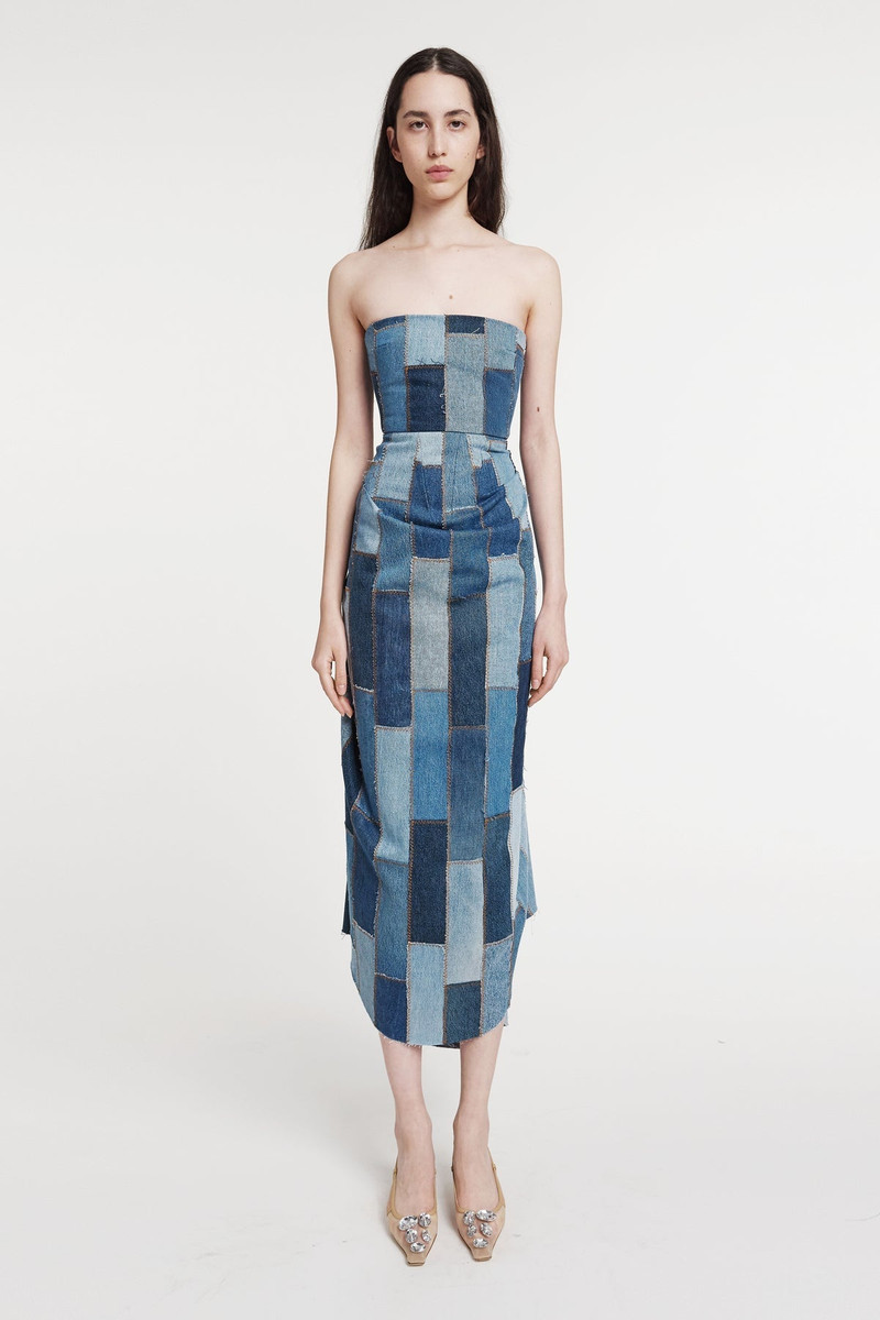 UPCYCLED DENIM DRESS WITH BACK GATHERING BLUE DENIM 1