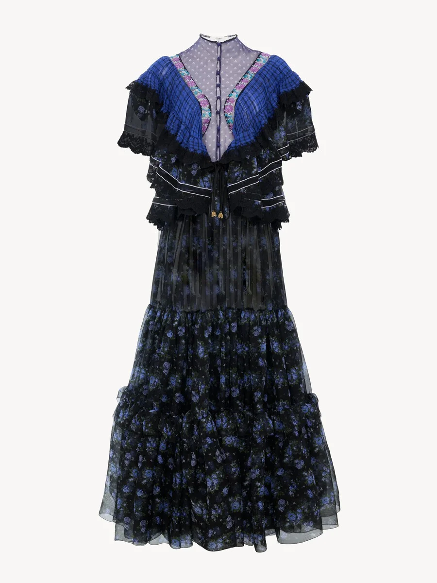 RUFFLED LONG DRESS IN SILK MOUSSELINE & LACE - 1
