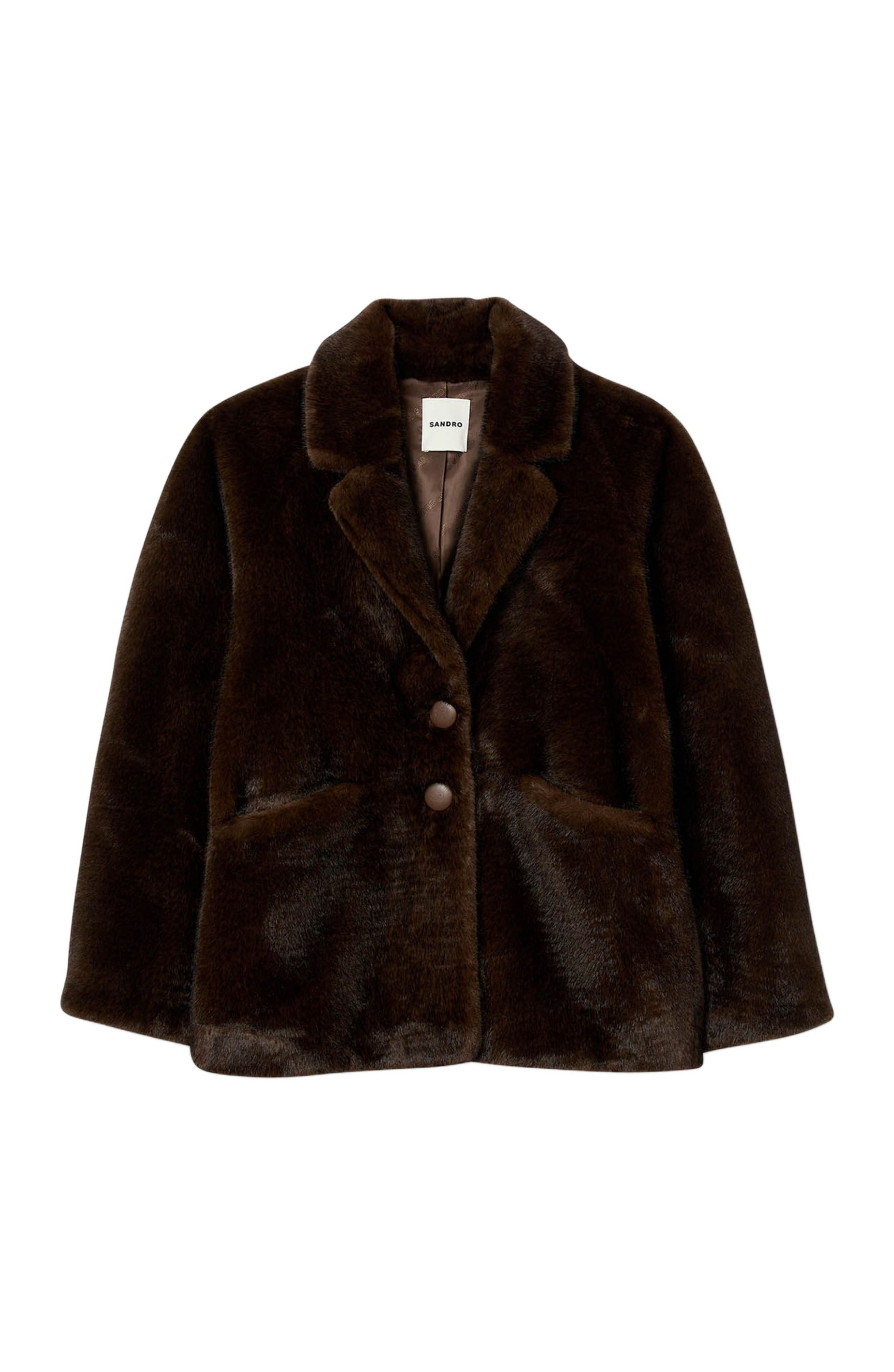 SANDRO Faux fur coat jacket in Black Brown at Nordstrom - 5