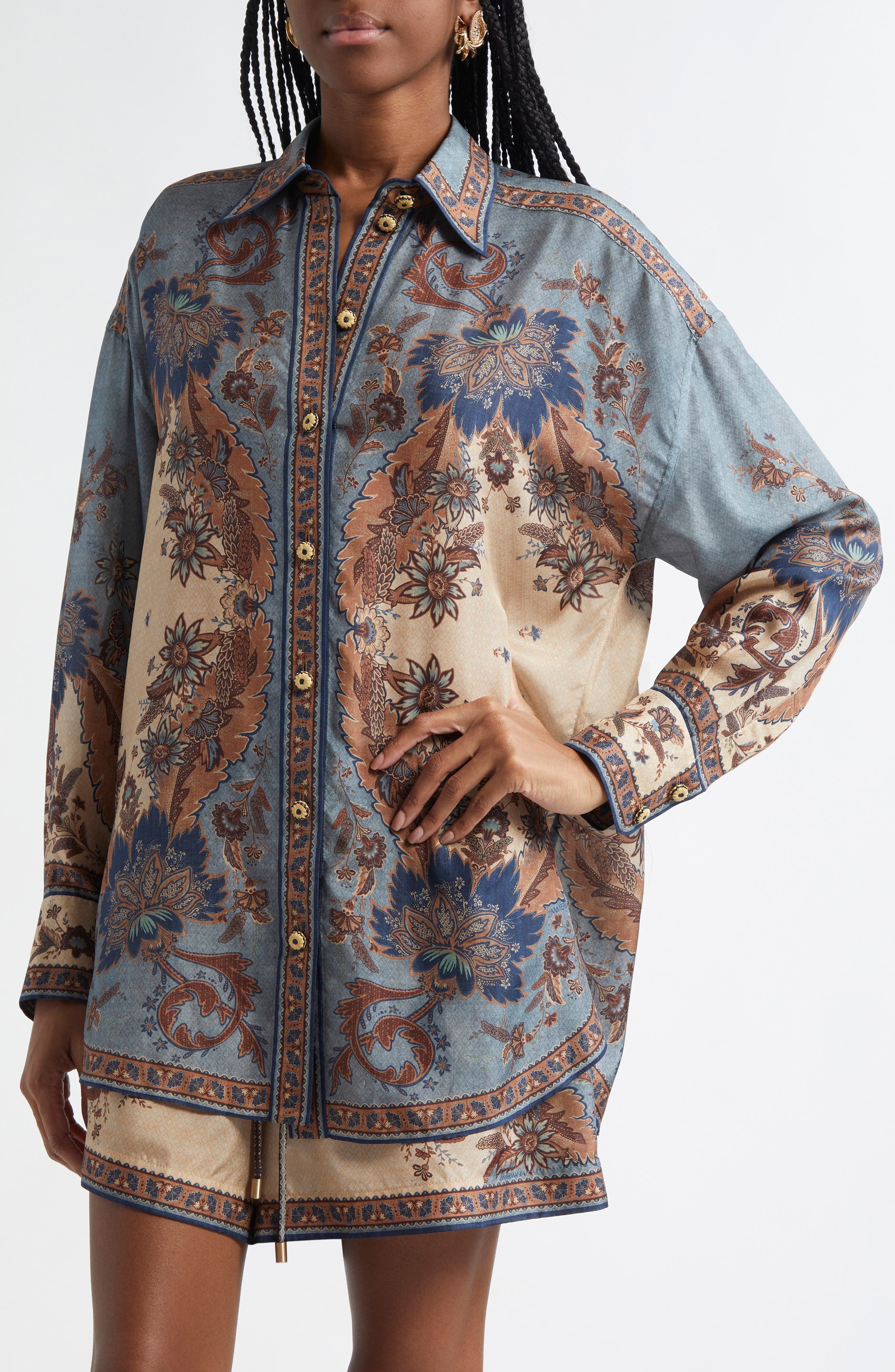 Zimmermann Ascension Silk Habutai Button-Up Shirt in Blue/Cream Indienne Floral at Nordstrom - 5