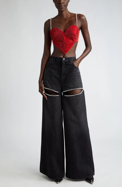 AREA Crystal Embellished Cutout Wide Leg Jeans outlook