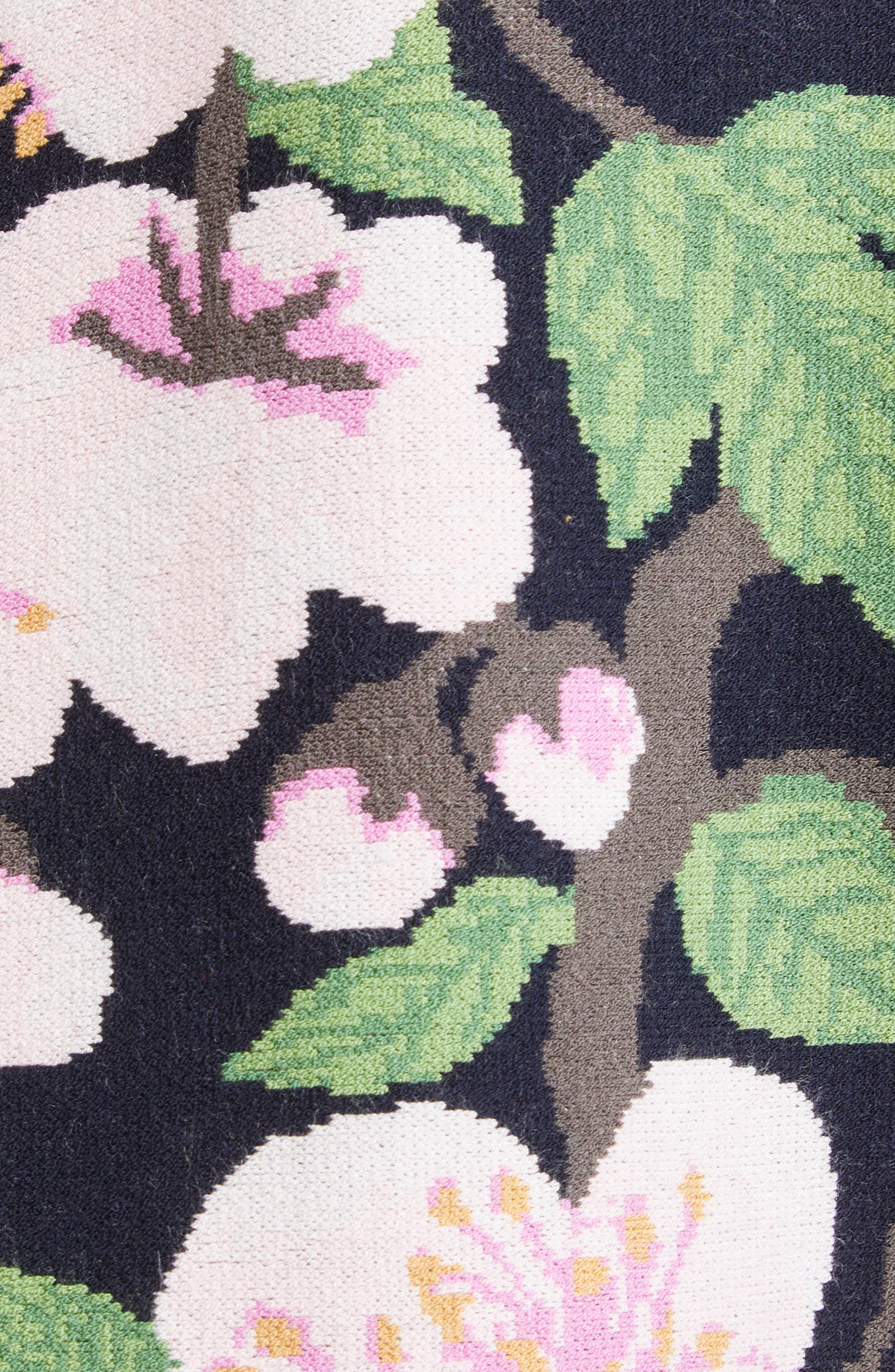 Oscar de la Renta Cherry Blossom Pleated Jacquard Knit Fit & Flare Dress in Navy/Pink at Nordstrom - 6