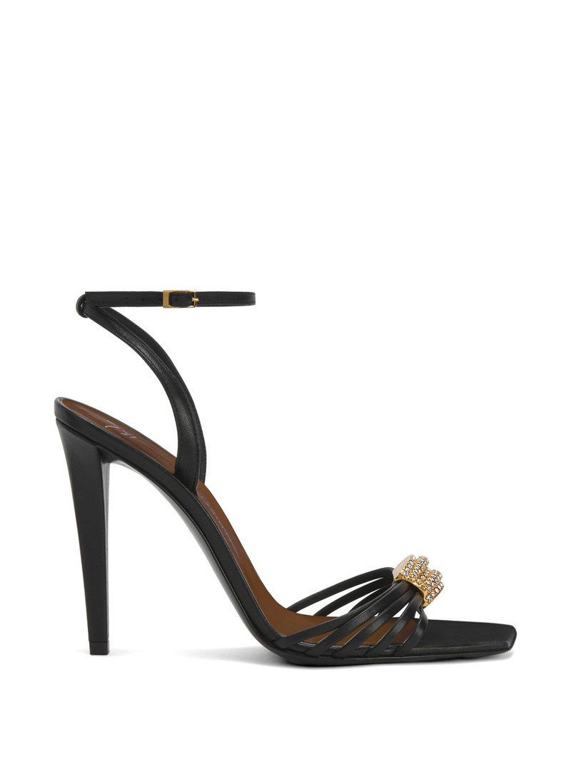 Sunset Glow rhinestone brooch strappy leather sandals 1