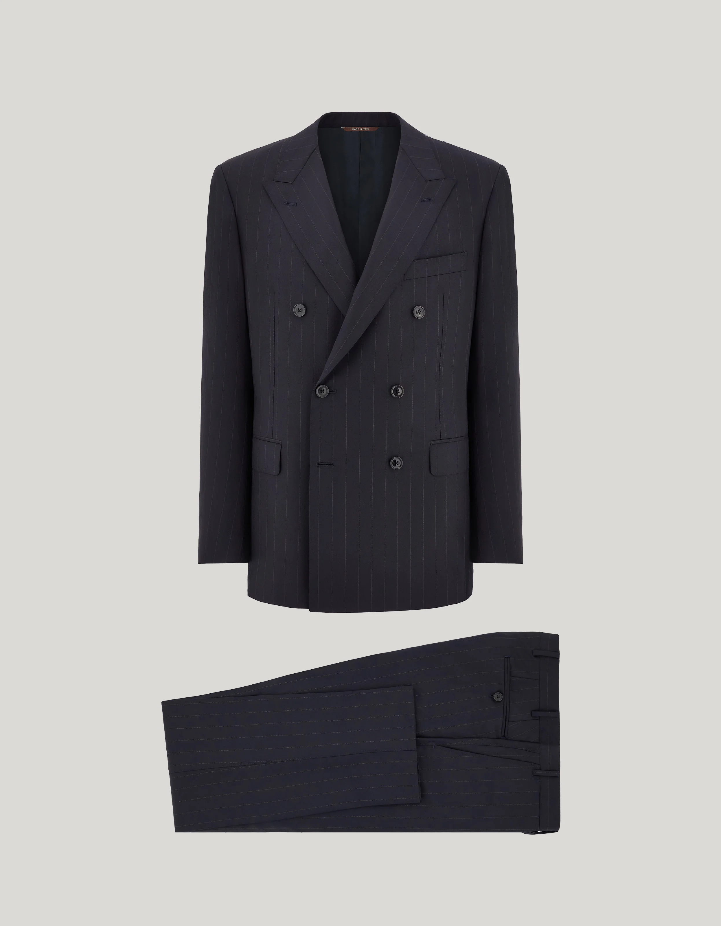 NAVY BLUE AND BROWN 150'S WOOL AND SILK PINSTRIPE REGULAR-FIT SUIT - 1